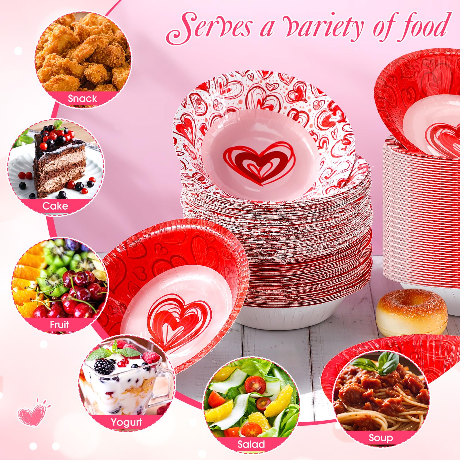 Sunnychicc 50 Pcs 16 oz Heart Paper Bowls, Disposable Soup & Dessert Bowls, White Cardboard, 7 x 1.6 inches for Parties & Weddings