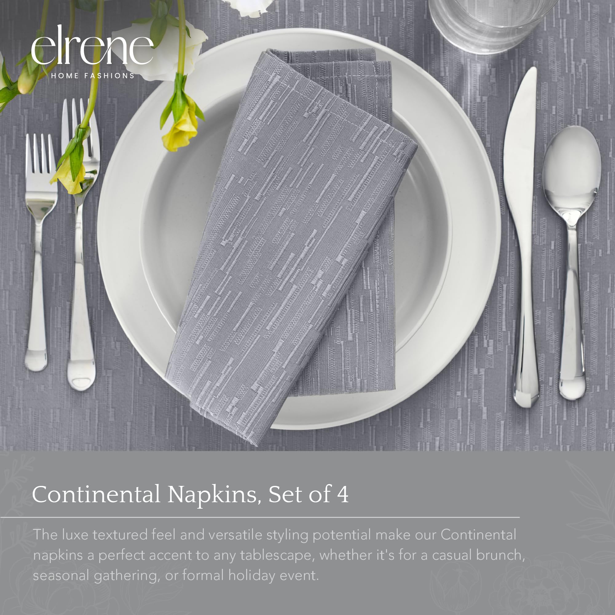 Elrene Home Fashions Continental Solid Texture Water And Stain Resistant Fabric Dining Napkins, Set Of 4, 17''X17'', Gray