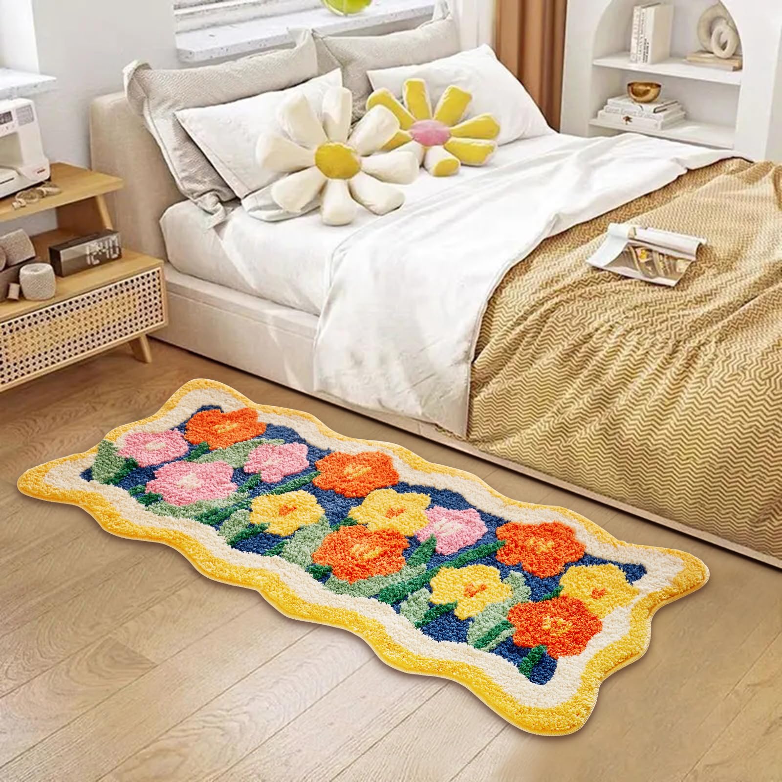 Aldopein Colorful Cute Flower Bathroom Kitchen Runner Rugs 2X4.3 Non-Slip Machine Washable, Shaggy Orange Yellow Aesthetic Extra