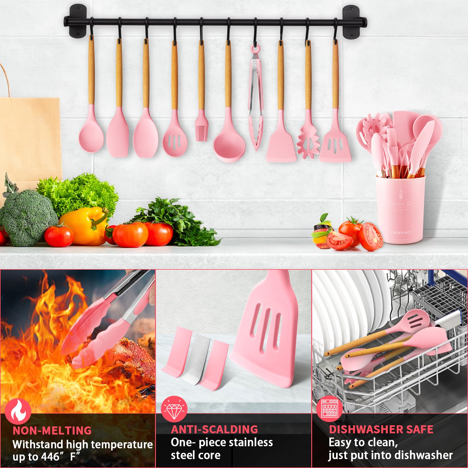 Caliamary Silicone Kitchen Utensil Set, 11 Pieces Cooking Utensil With Wooden Handles, Utensil Holder For Nonstick Cookware, Spo