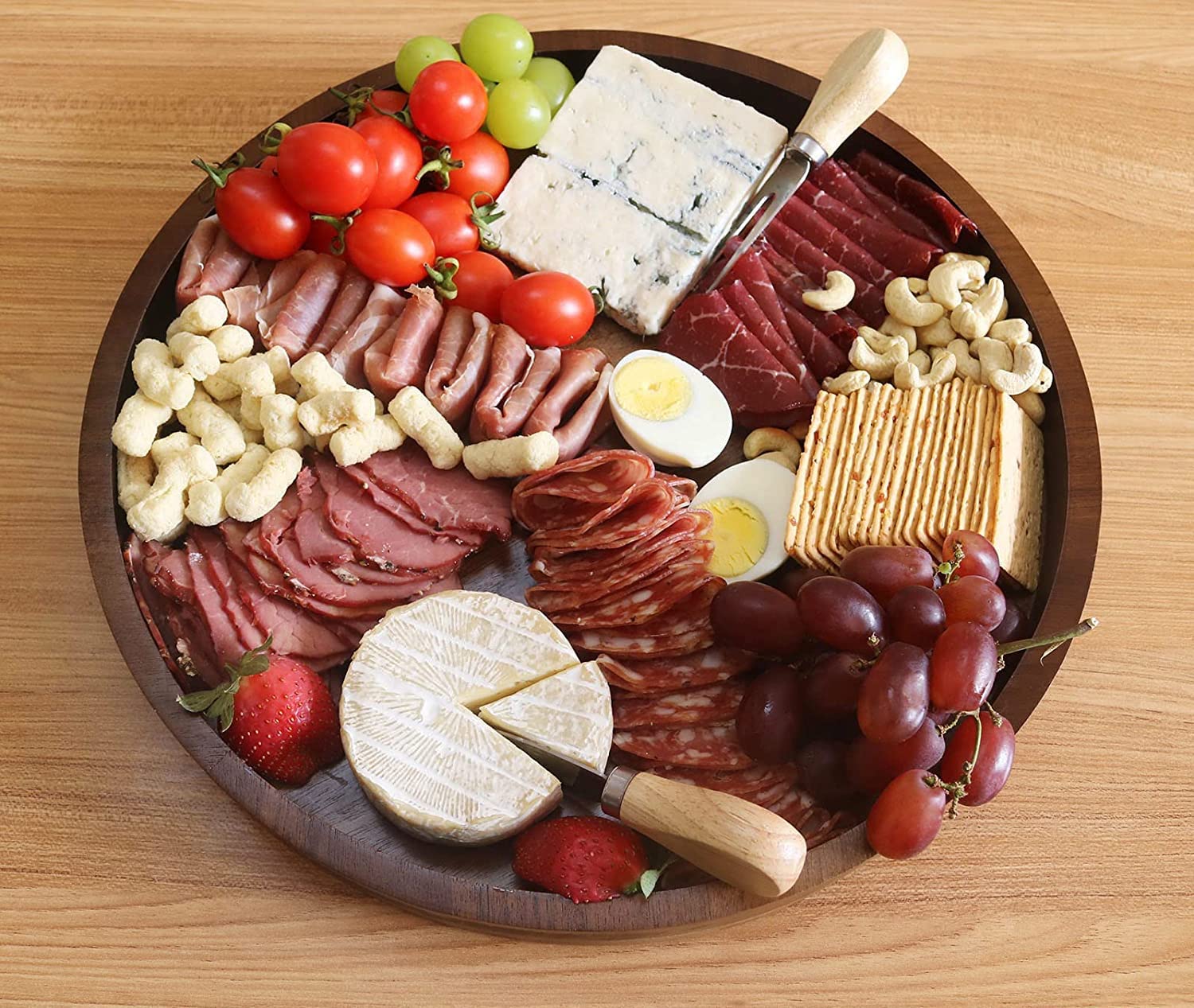 Acacia Wood Round Serving Tray, 13.8'' Charcuterie Board Cheese Tray With Rim, Decorative Tray For Ottoman, Coffee Table, Couch,