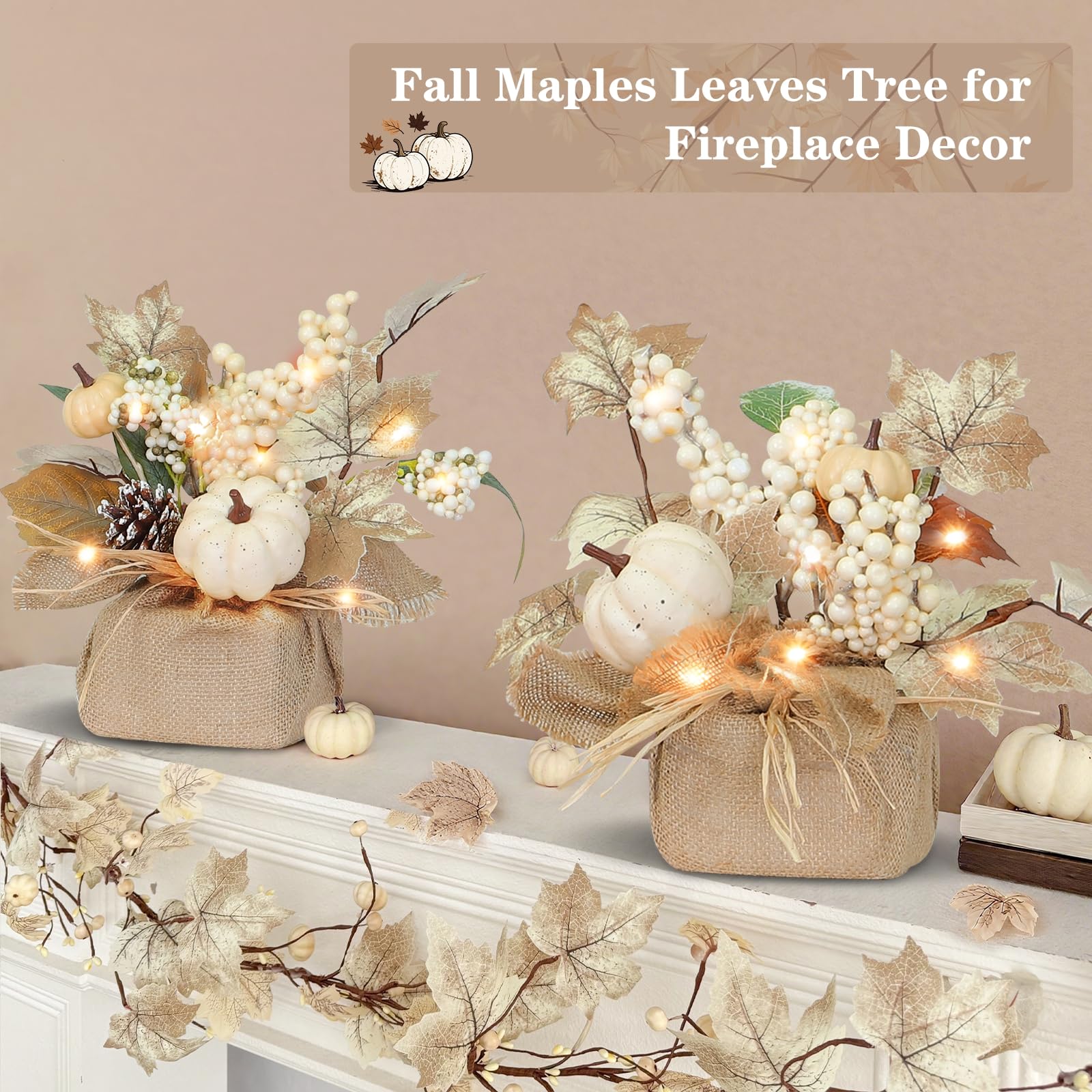 2 Styles & Timer Thanksgiving Table Decorations- 2 Pack 11 Inch Tabletop Maple Tree Thanksgiving Decor, Lighted Fall Tree with 2
