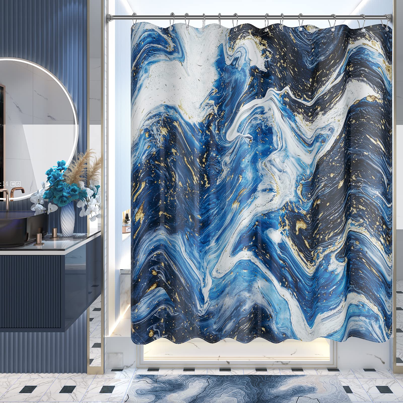 Amazerbath Shower Curtain Blue, Marble Fall Fabric Shower Curtain Sets With 12 Shower Curtain Hooks, Luxury Quality Home Hotel W