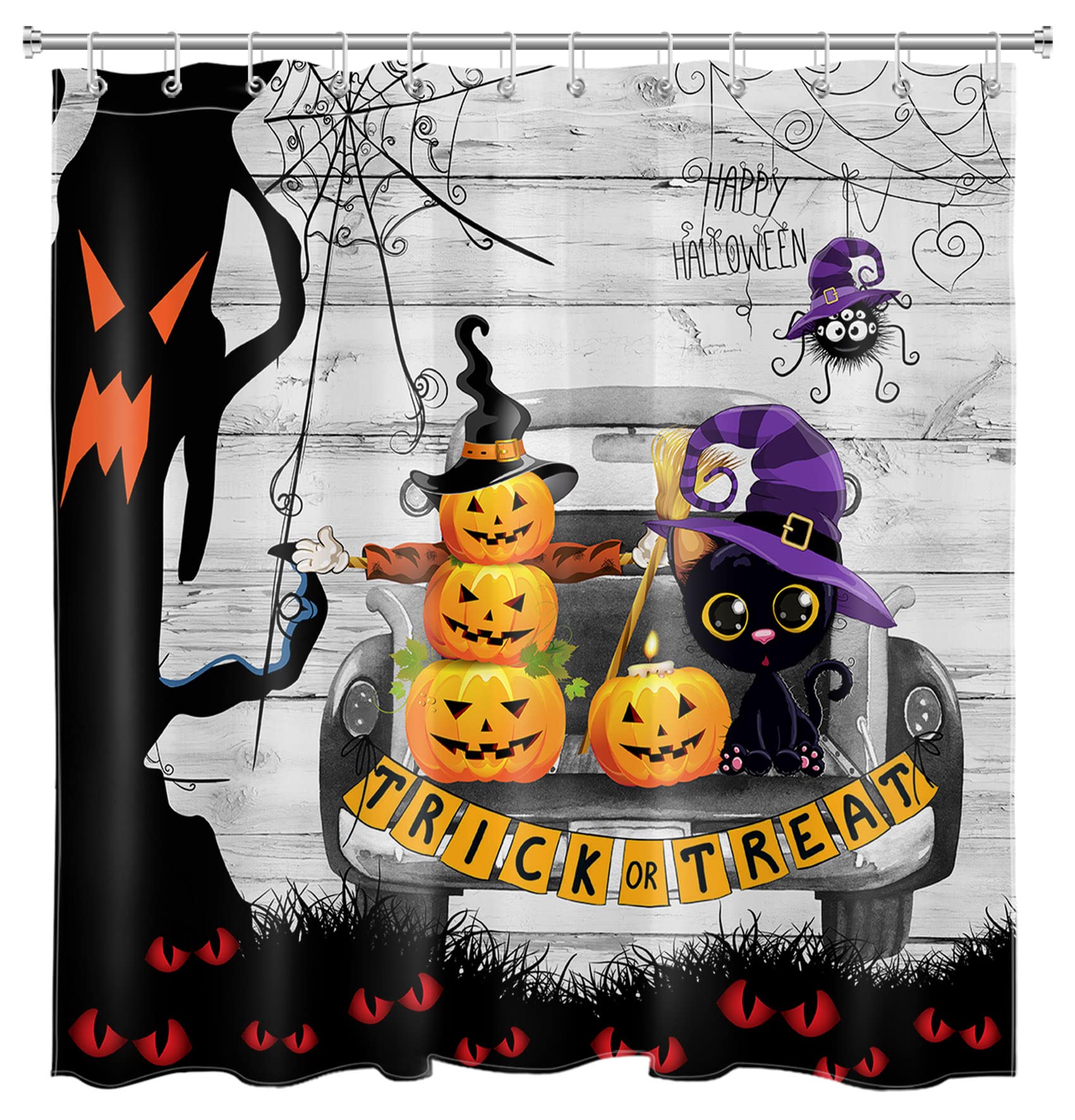 Eobtain Halloween Shower Curtain Set Horror Pumpkin Lanterns Spider Web Scary Ghost Tree Shower Curtain Farmhouse Vintage Truck