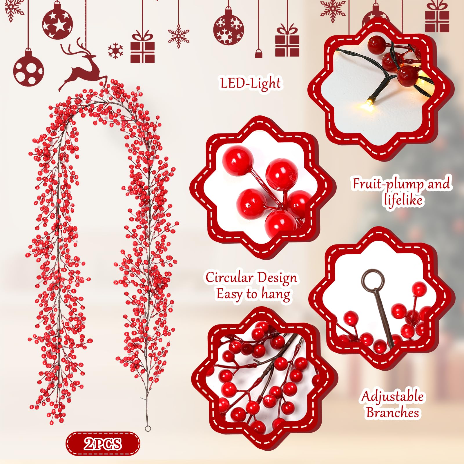 Joyhalo 2 Pack 8.8FT Christmas Red Berry Garland with String Lights, Artifial Burgundy Berry Garland for Christmas Tree, Valenti