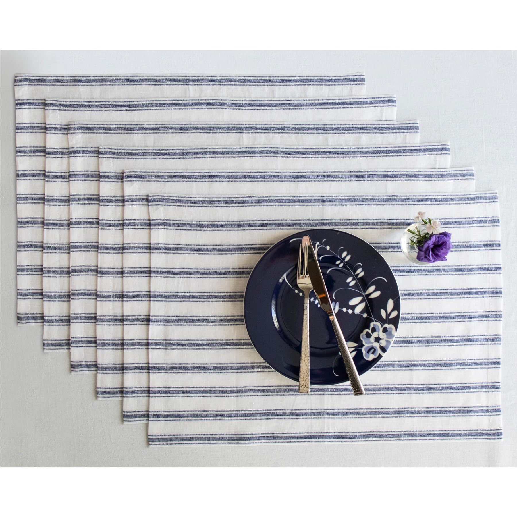 Solino Home Stripe Linen Placemats 19'' L X 14'' W Inch - 100% Pure Linen Navy And White Cloth Placemats Set Of 6 - Capri Tickin