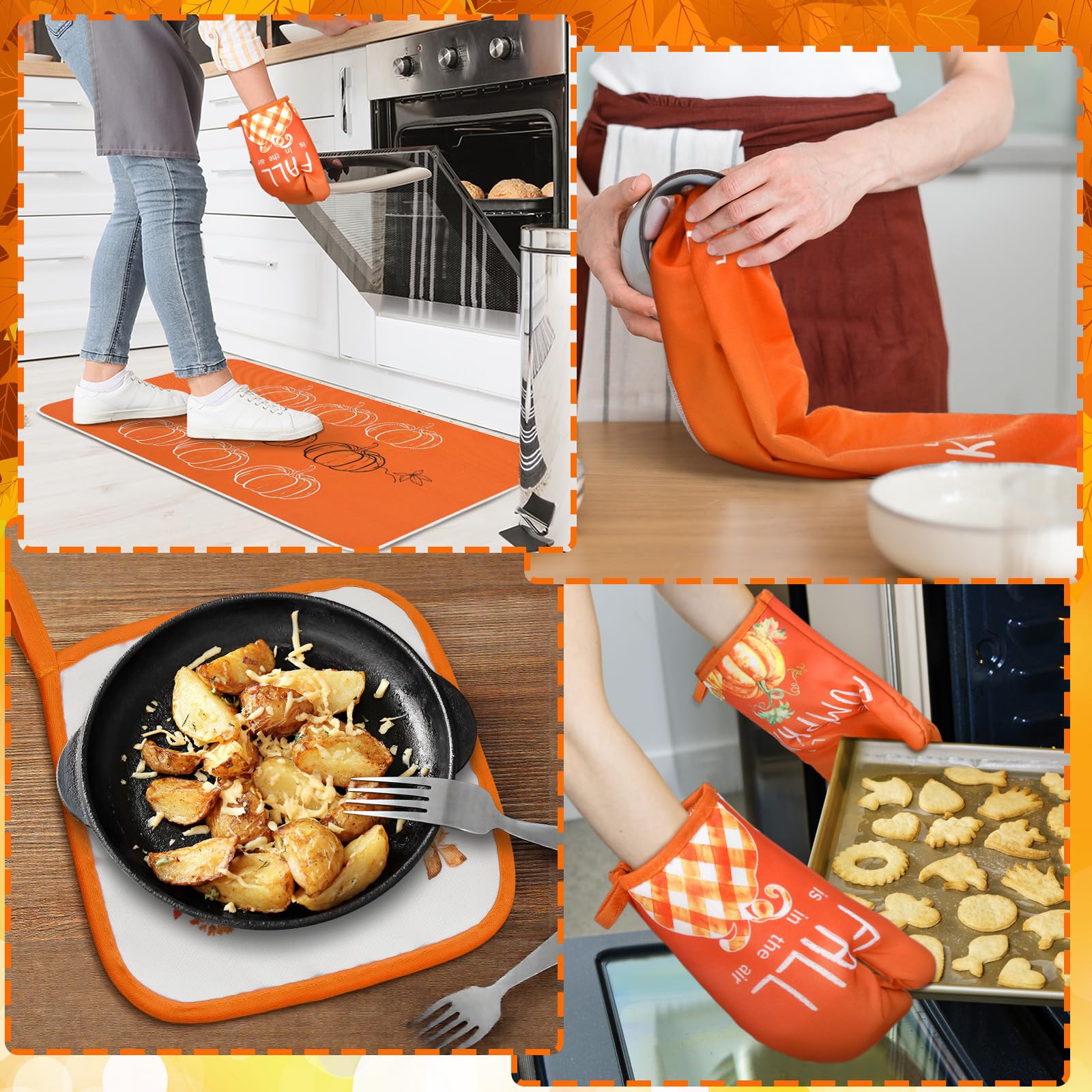 Fourluoo 10 Pcs Thanksgiving Fall Kitchen Decor Set Fall Oven Mitts and Pot Holders Pumpkin Maple Leaves Dish Towels Kitchen Rug