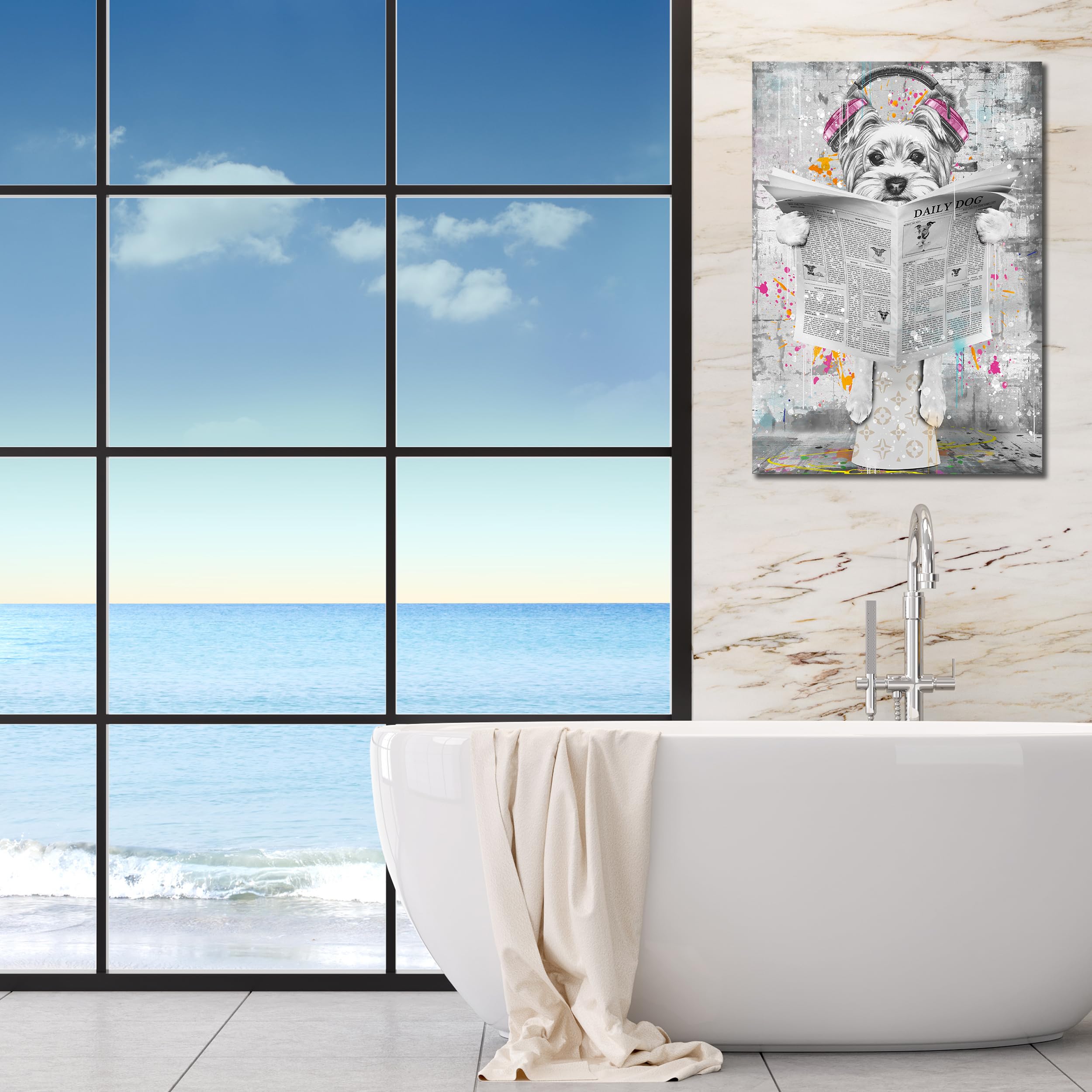 Entanub Bathroom Wall Art, Funny Graffiti Dog Canvas Print Painting For Bedroom, Black And White Picture Decor, Size 16X24 Inche