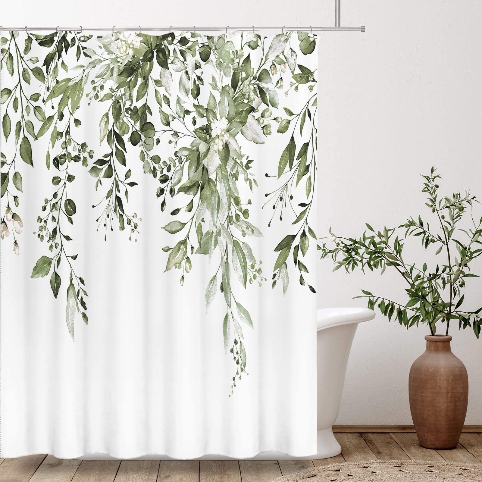 Tititex Olive Green Eucalyptus Shower Curtain Sets, Watercolor Leaves On The Top Plant With Floral Bathroom Decoration 72X72 Inc