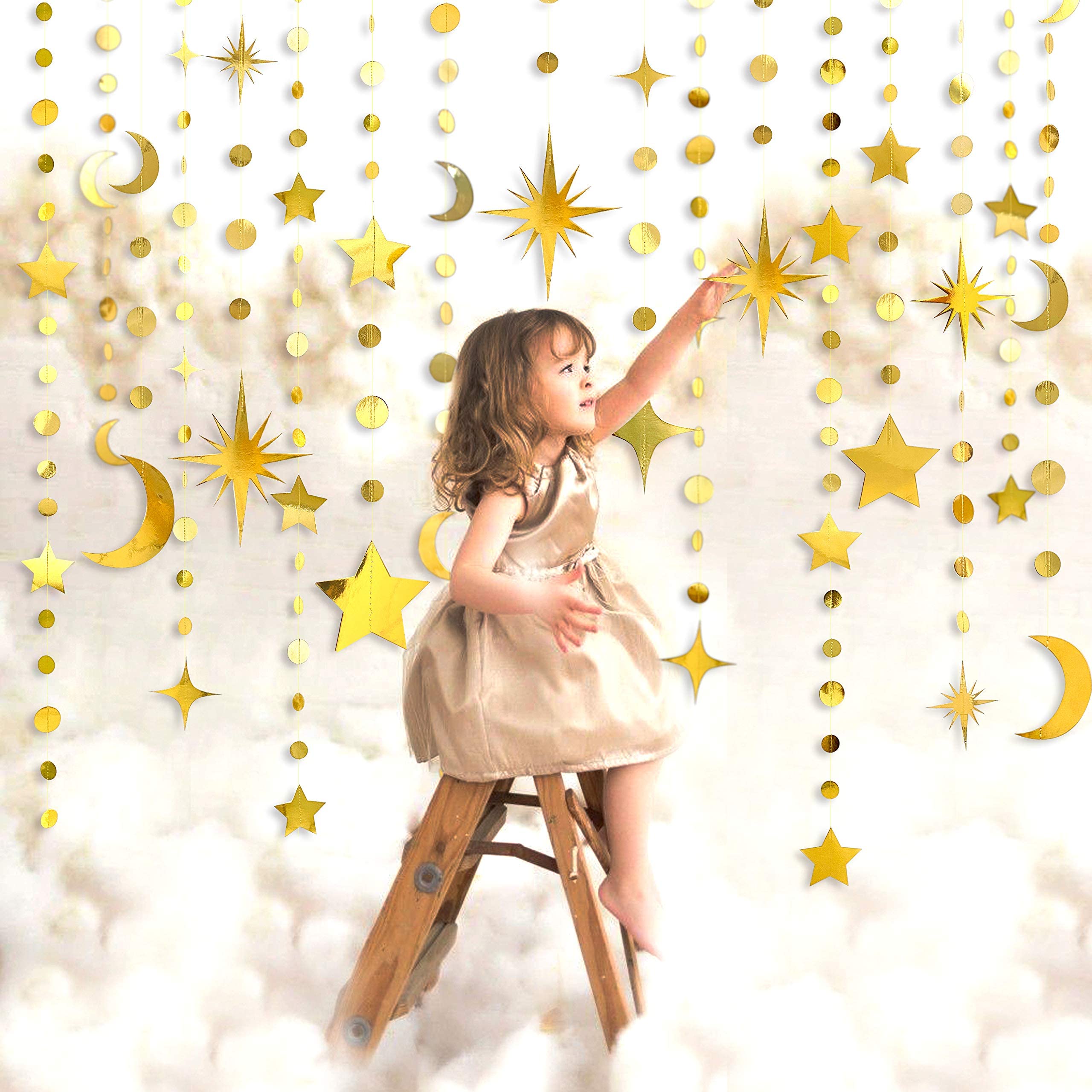 Gold Star Moon Circle Dot Garland Party Decorations Kit Hanging Crescent And Twinkle Little Star Streamer Bunting Banner For Kid