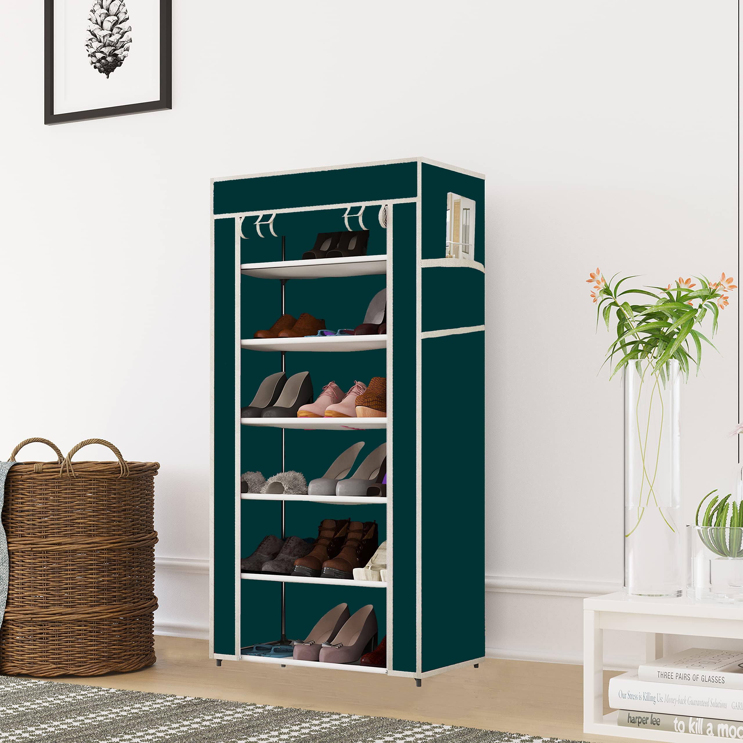 Maison & Cuisine Collapsible Wardrobe Storage Shelves Clothes Racks Fabric Almirah Non Rustable Iron (Green)