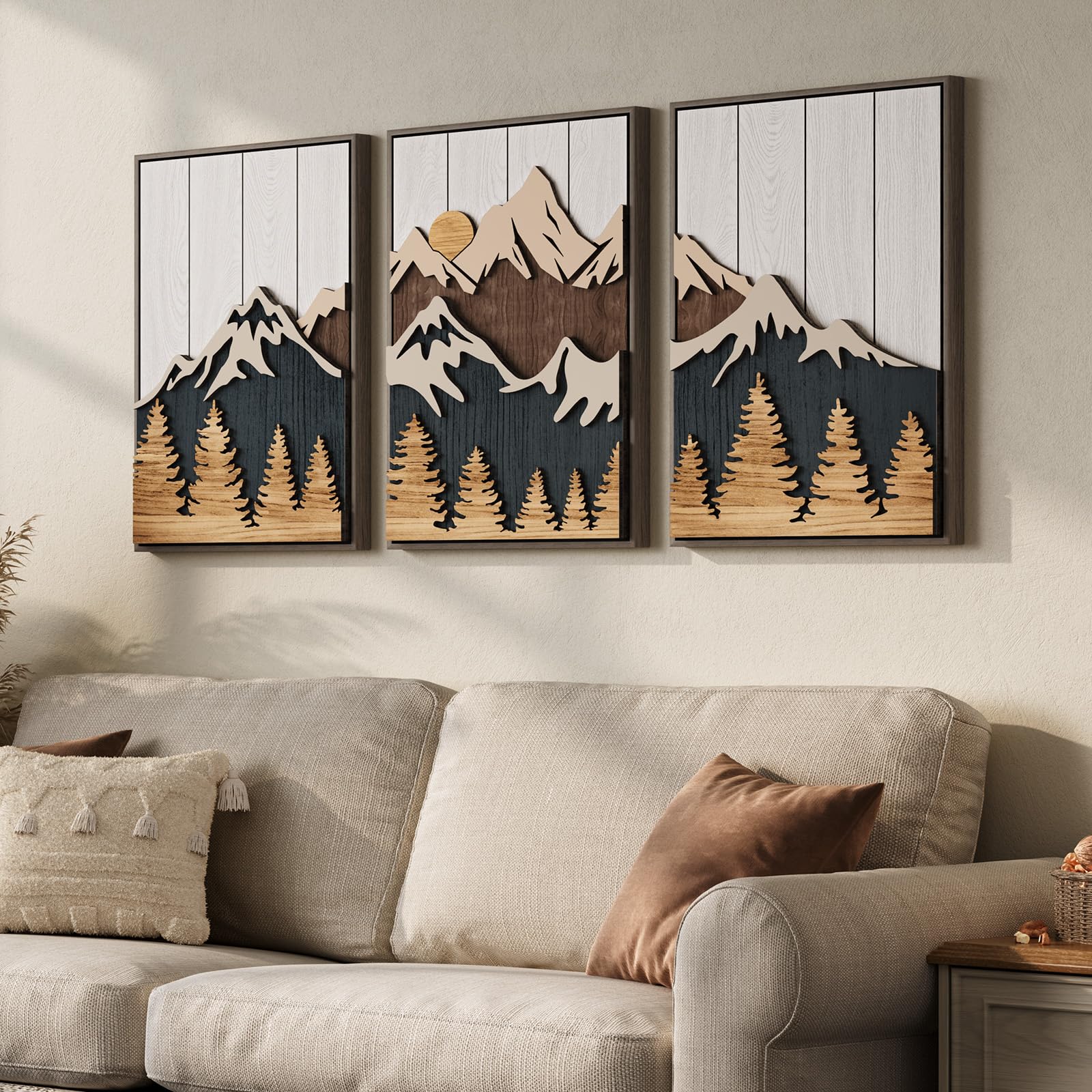 Framed 3D Wood Mountain Textured Wall Art For Living Room, 3 Piece Farmhouse Modern Wood Artwork For Walls, Landscape Mountain F