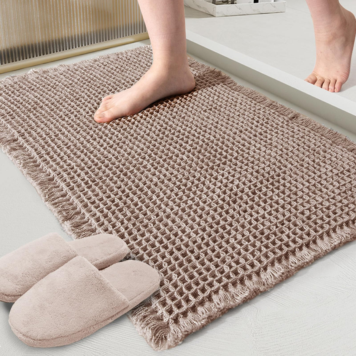 Zall Tan Waffle Bath Mat,Super Absorbent Non Slip Bathroom Rug,Brown 24X36Inch,Machine Washable Ultra Soft Floor Mats