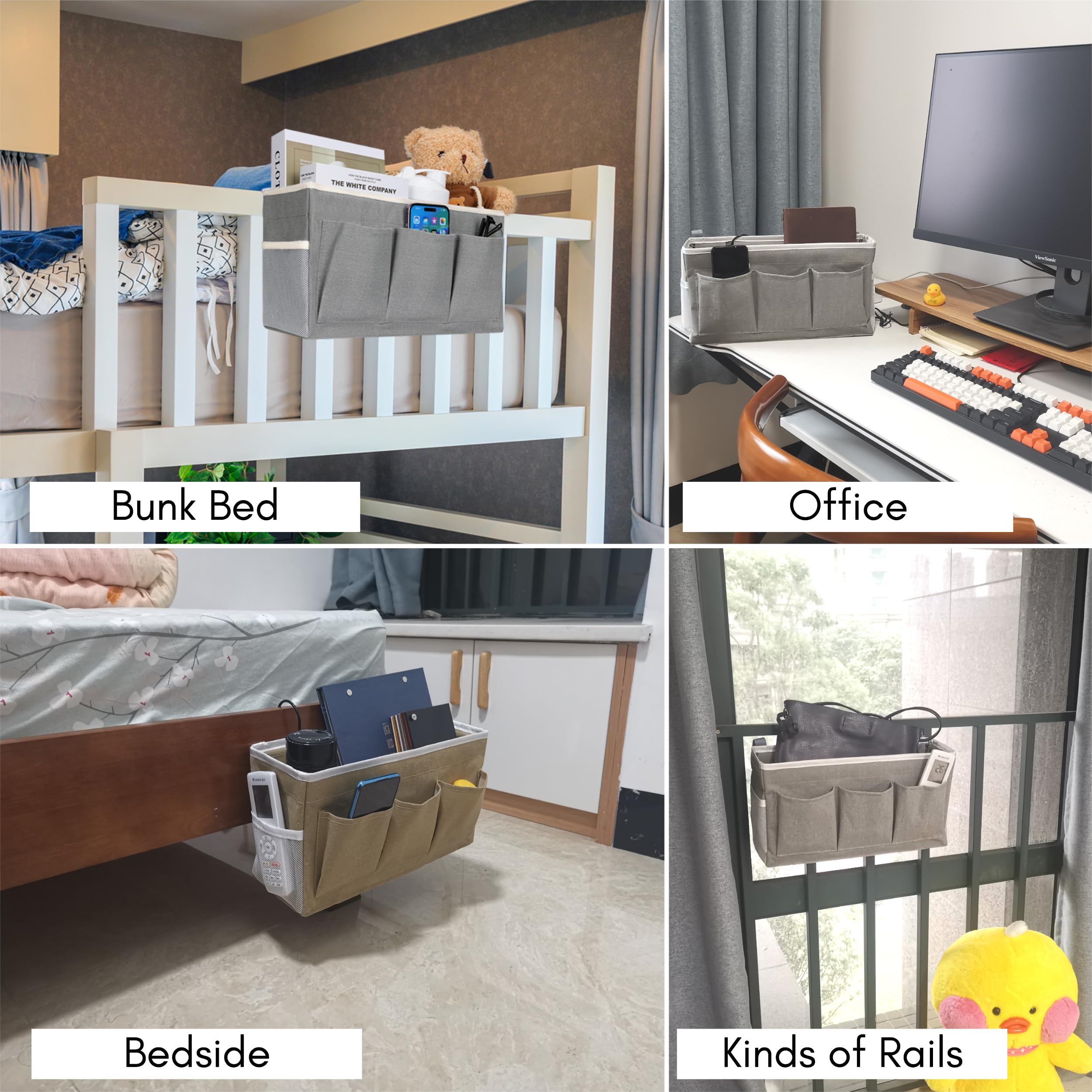 Kanrichu 3pcs Bedside Caddy Storage Organizer, Hanging Bag Holder with Pockets for Bedroom, Loft Bed Tent, Bed Curtain, Top Bunk