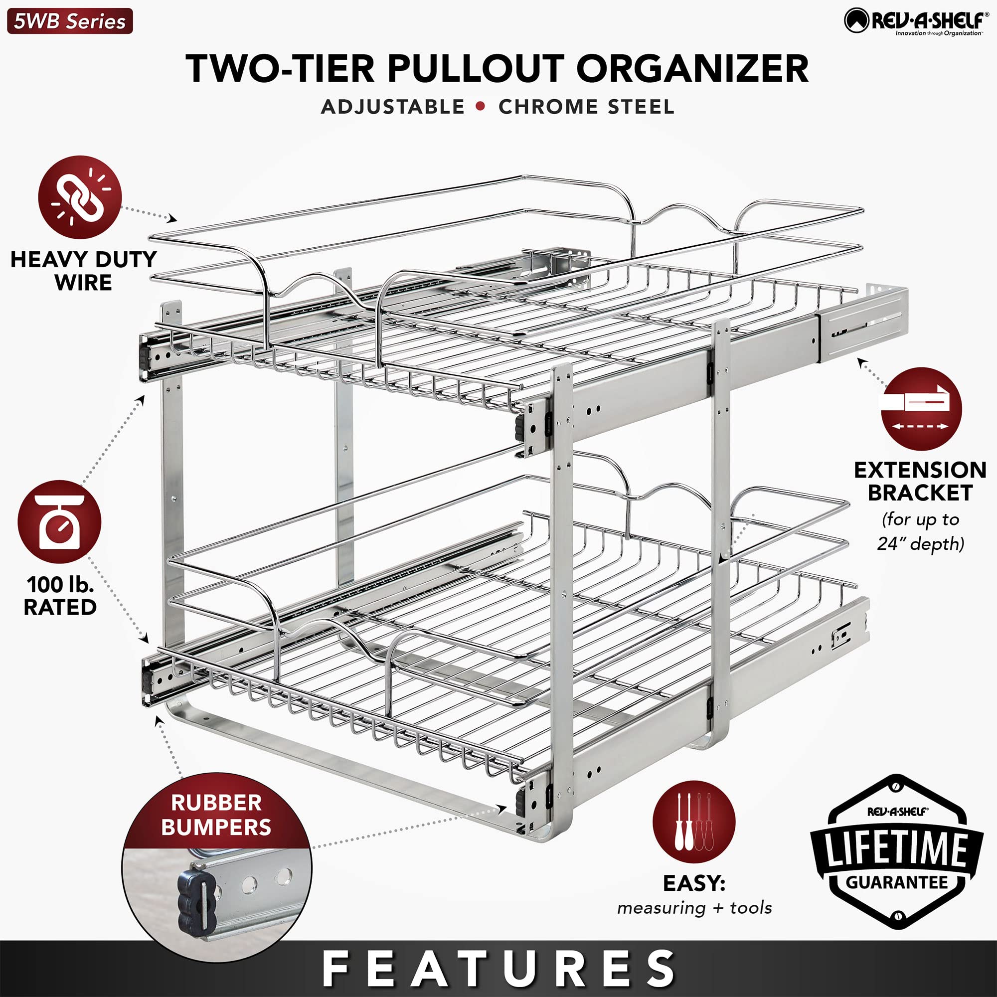 Rev-A-Shelf 2-Tier Kitchen Cabinet Pull Out Shelf And Drawer Organizer Slide Out Pantry Storage Basket In Multiple Sizes, 18 X 2