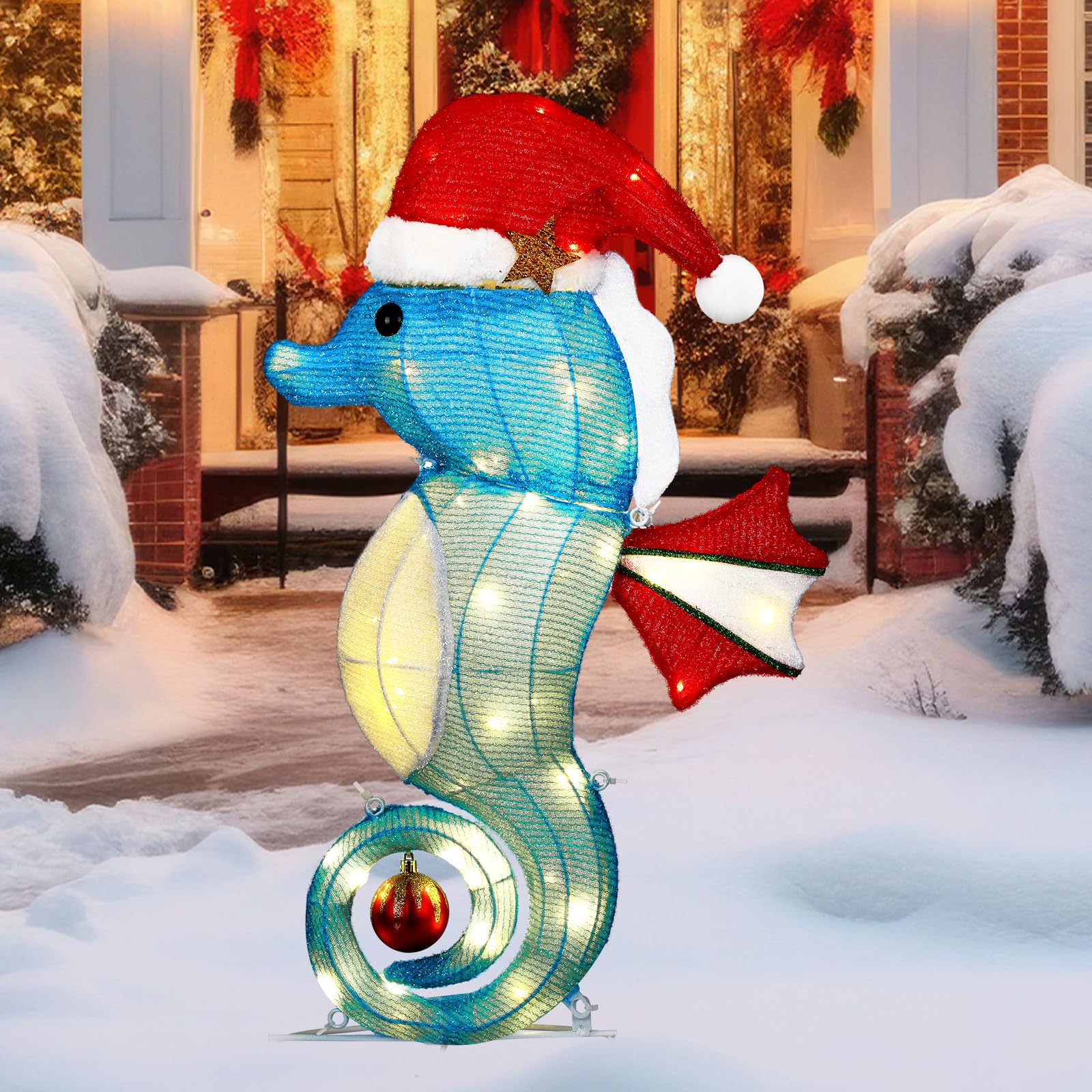 Suncalla Outdoor Beach Christmas Decorations, 26.7 Inch 3D Lighted Seahorse Coastal Christmas Yard Decor with Santa Hat and Ball