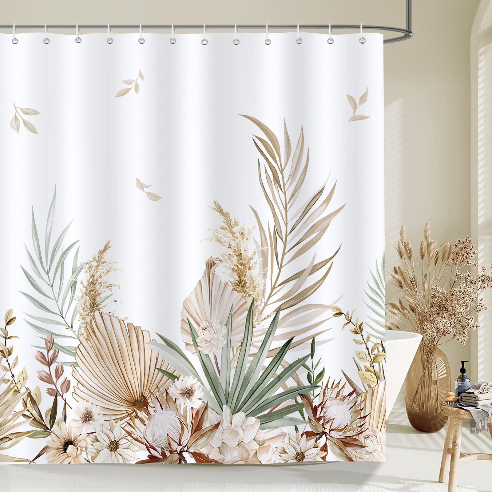 Bonhause Boho Leaves Shower Curtain Tan Leaf With Floral Decorative Bath Curtain 72 X 78 Inch Polyester Fabric Waterproof Bathro