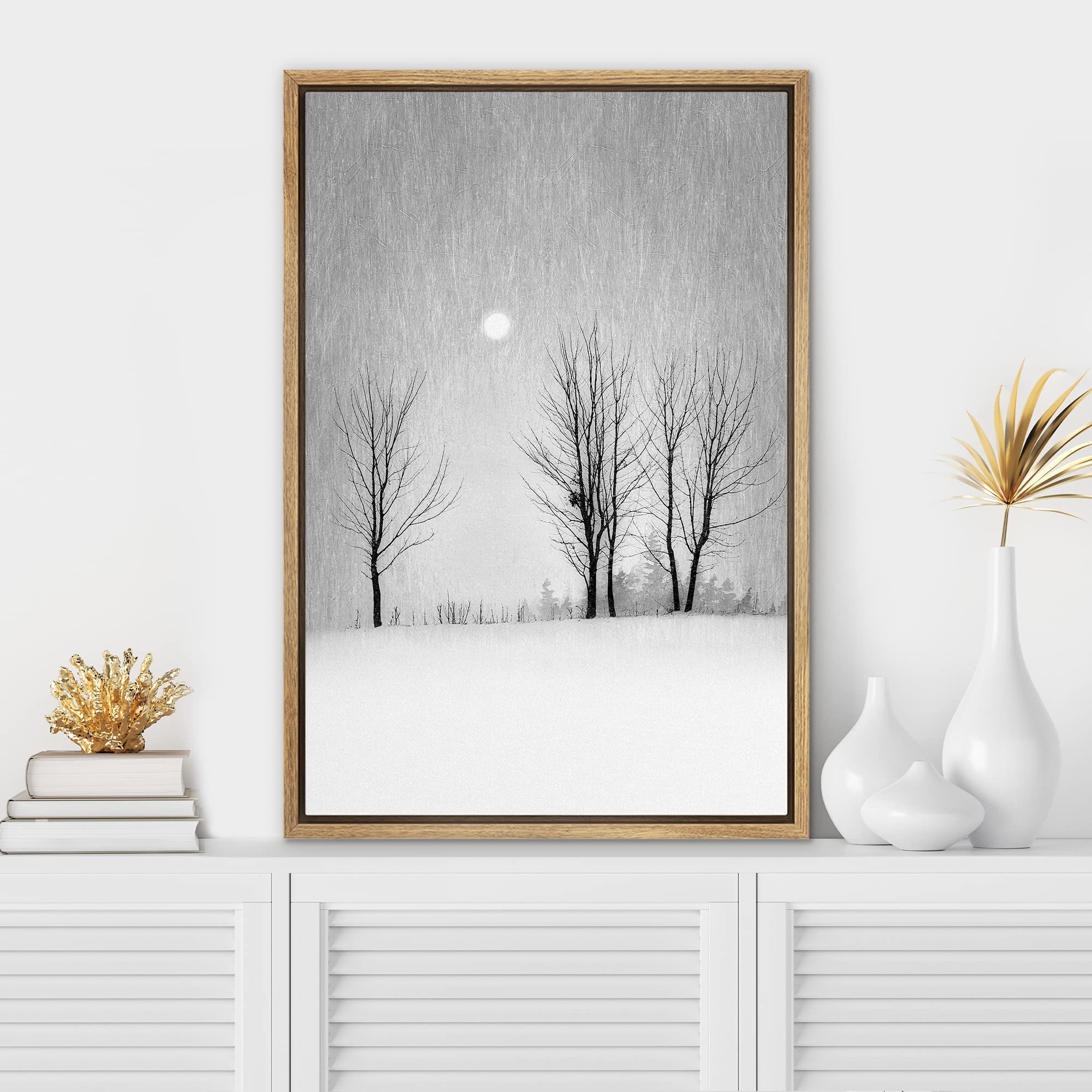 Signwin Framed Canvas Print Wall Art Winter Snowstorm Forest Trees Nature Wilderness Illustrations Realism Decorative Landscape