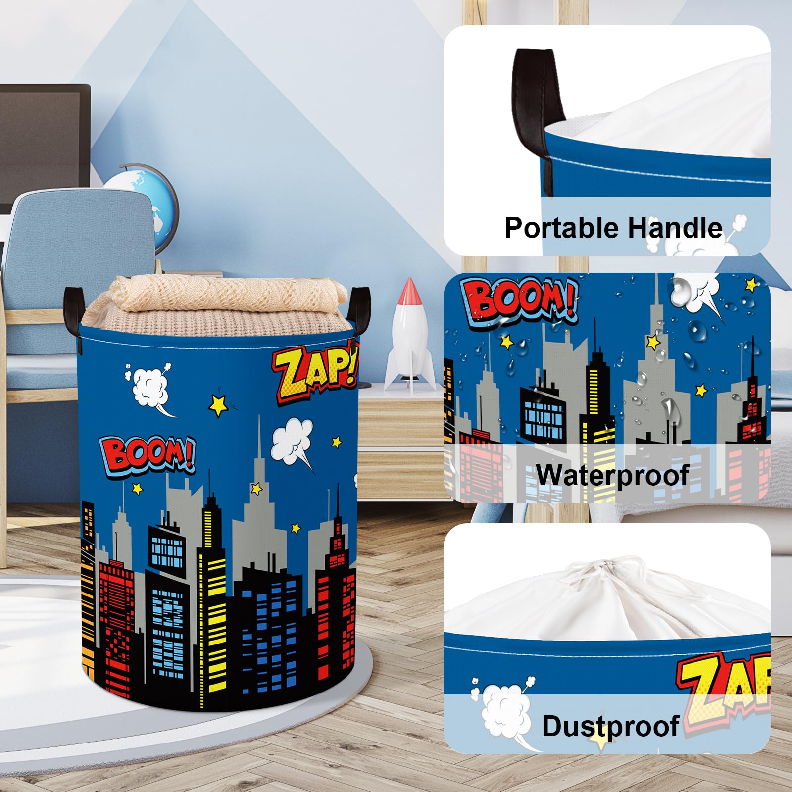 Clastyle 45L Large Blue City Hero Skyline Kid Laundry Hamper With Handle Comic Hero Building Silhouettes Clothes Toy Boys Basket