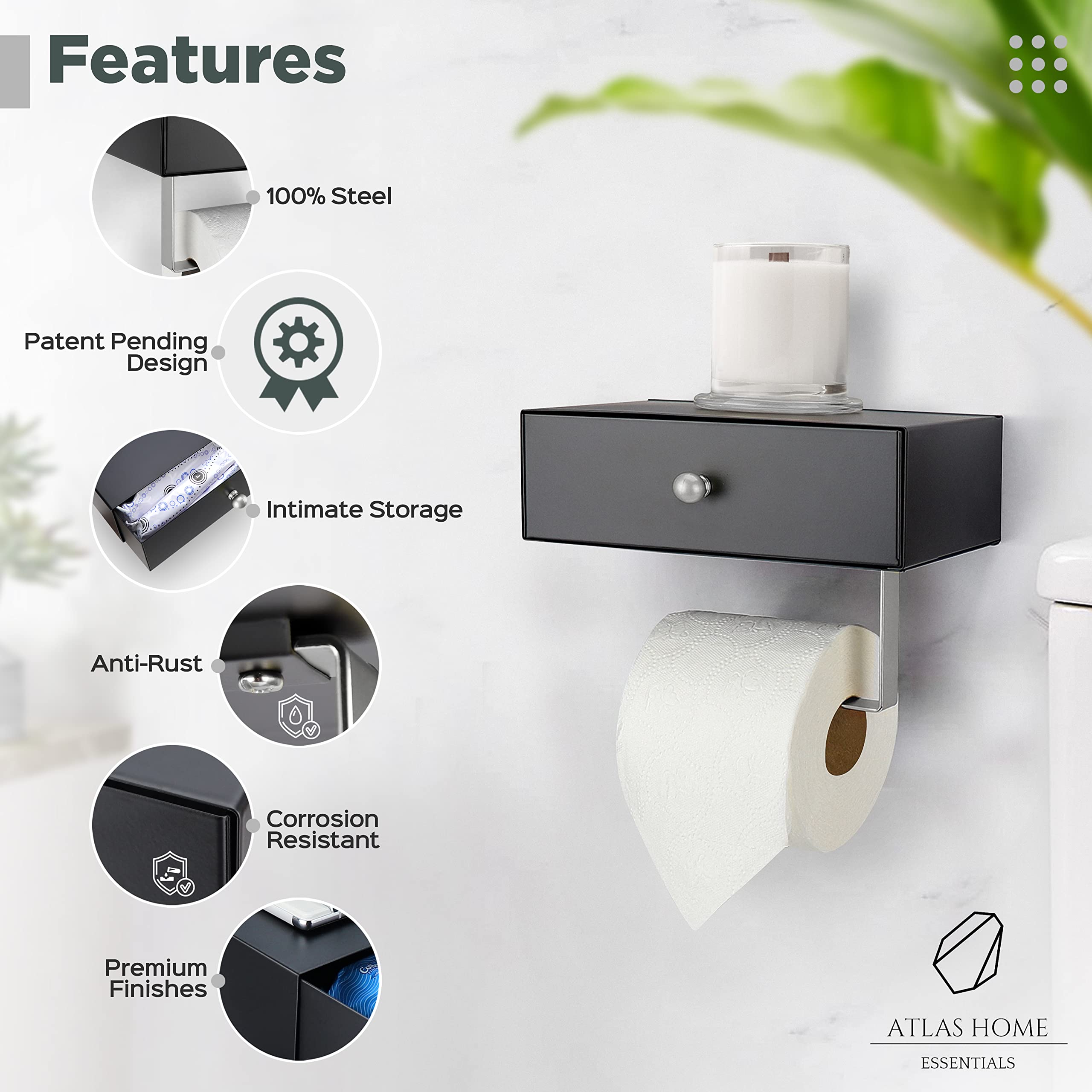 Atlas Home Toilet Paper Holder With Shelf - Flushable Wipes Dispenser & Storage Fits Any Bathroom, Keep Your Wet Wipes Hidden -