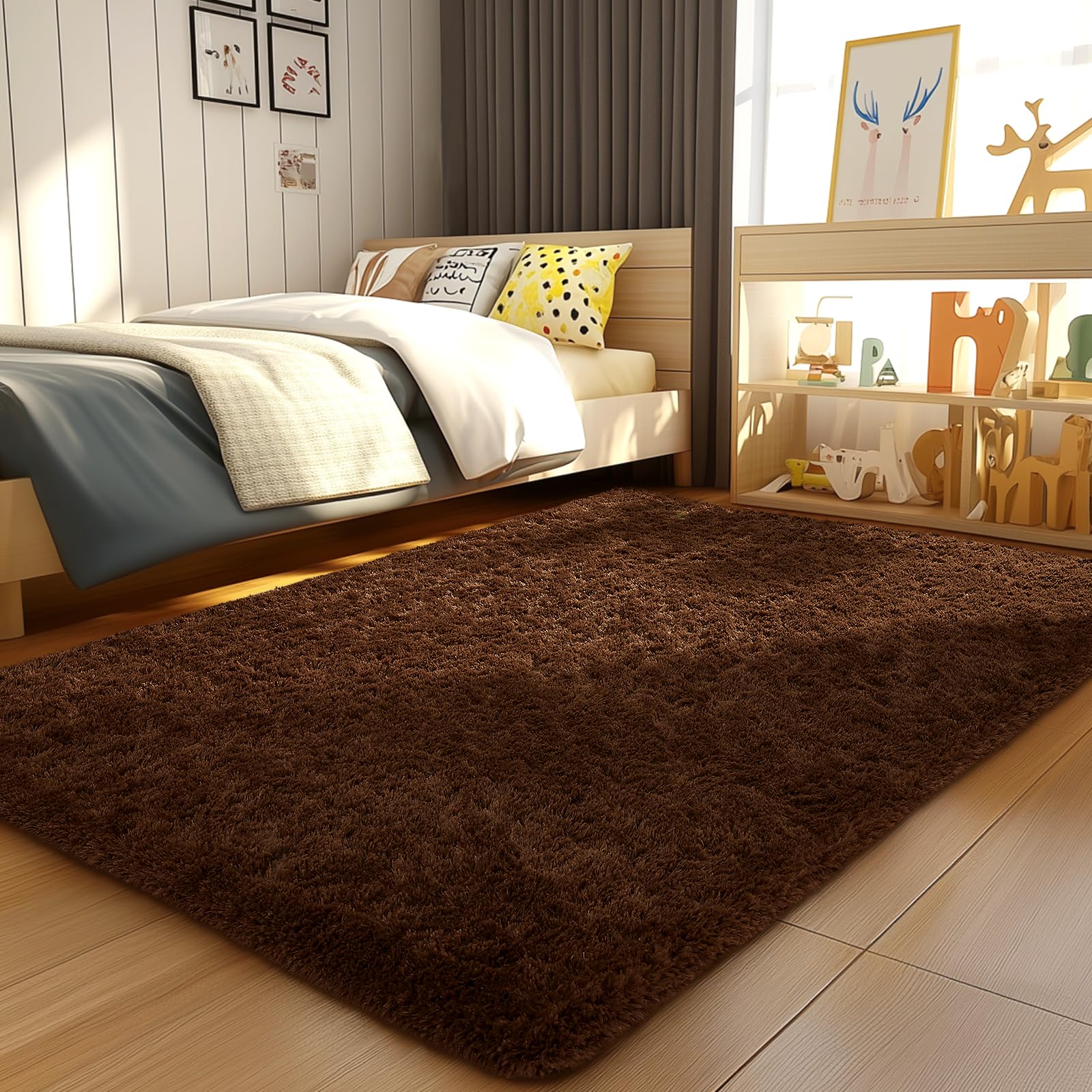 Ophanie Brown Rugs for Bedroom Living Room, Fluffy Fuzzy Furry Carpet, Plush Soft Shaggy Bedside Indoor Floor 4x6 Area Rug for K
