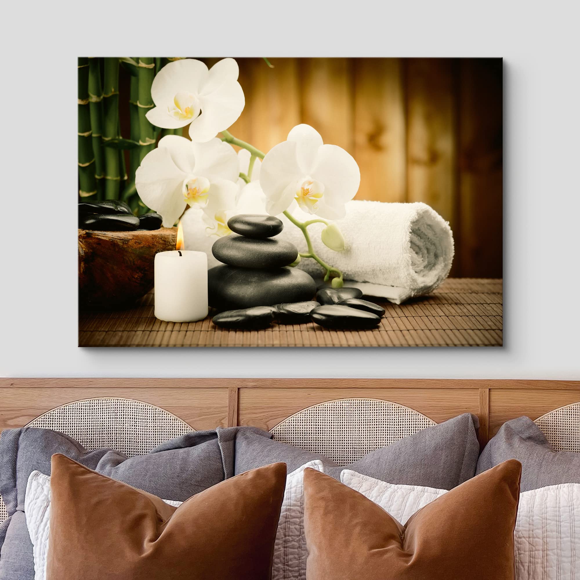 Wall26 Canvas Print Wall Art White Orchid Zen Bamboo Candle Massage Stones Nature Wilderness Photography Realism Rustic Neon Lan