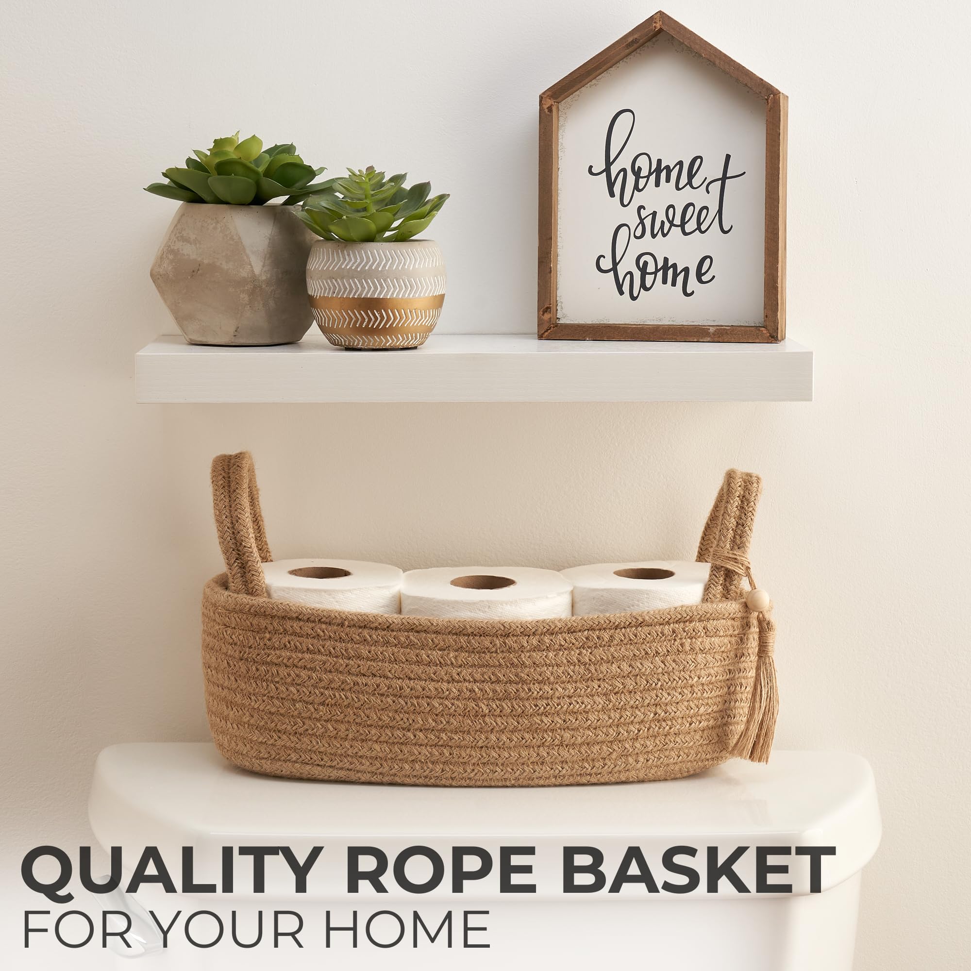 Decorative Toilet Paper Basket - Beautiful Bathroom Organizer for Toilet Tank Storage Decor - Boho Jute Cotton Rope Bin with Tas