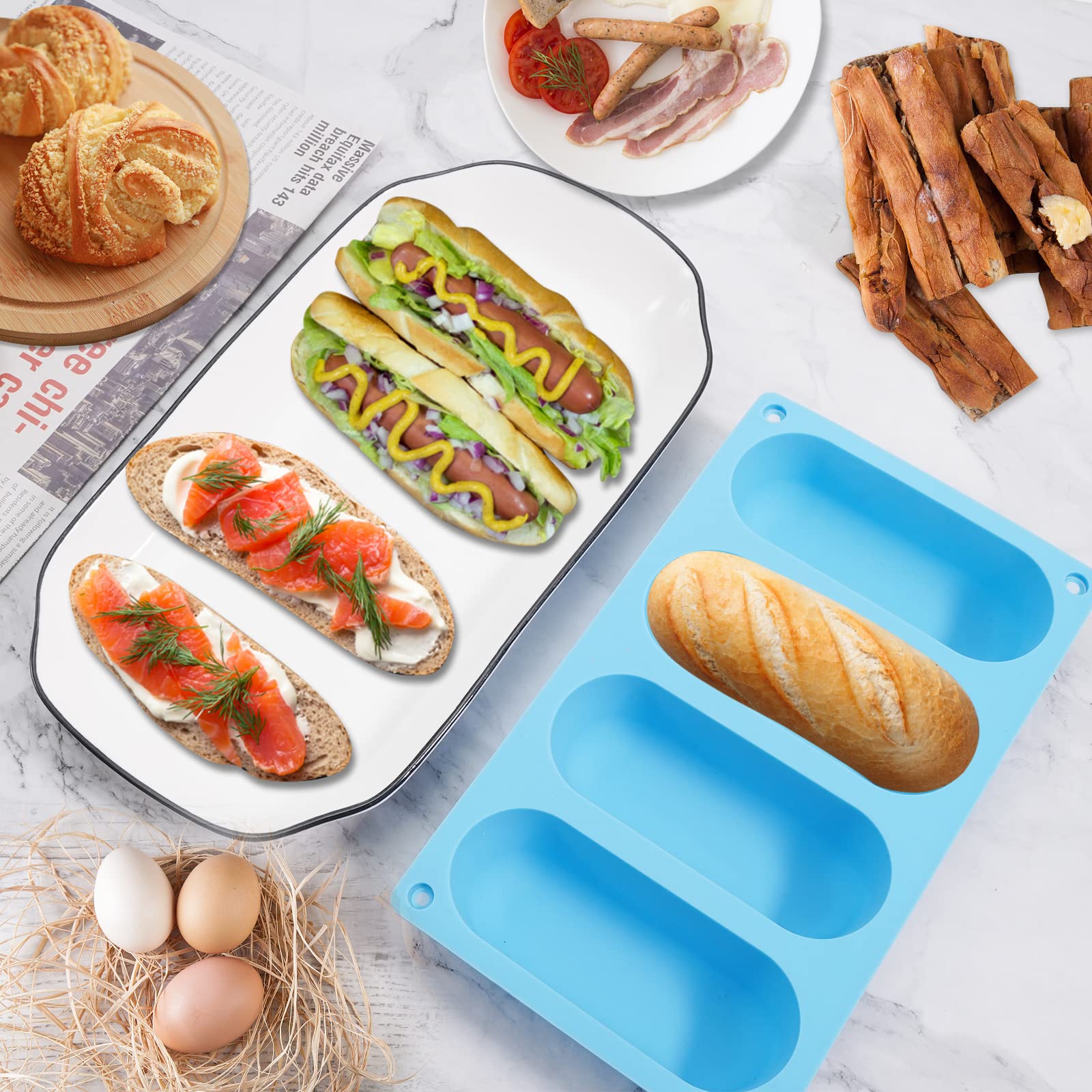Canipha 2 Pack Hot Dog Bun Pan, Silicone Hot Dog Bun Molds Sausage Mold Nonstick & Heat Proof Baking Pan Bread Mold For Homemade