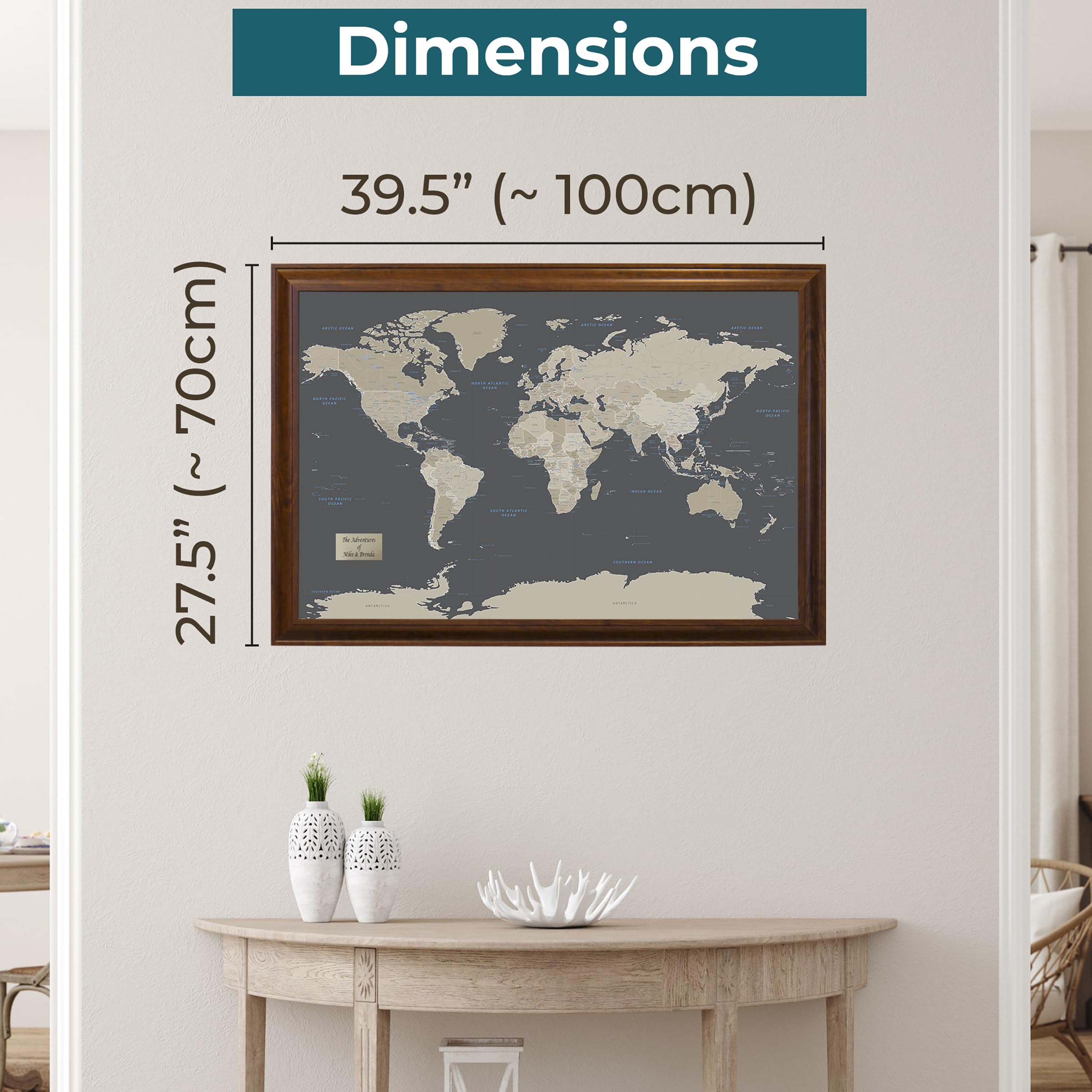 Personalized Earth Toned World Push Pin Travel Map With Brown Frame And Pins - 27.5 Inches X 39.5 Inches