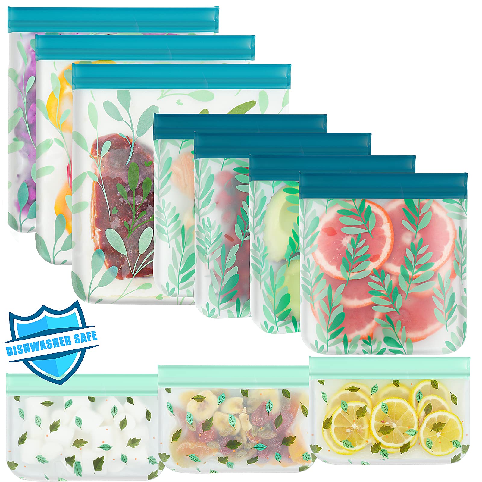 10 Pack Dishwasher Safe Reusable PEVA Food Storage Bags, Leak proof Reusable Freezer Bags for Food Storage Home Organization Tra