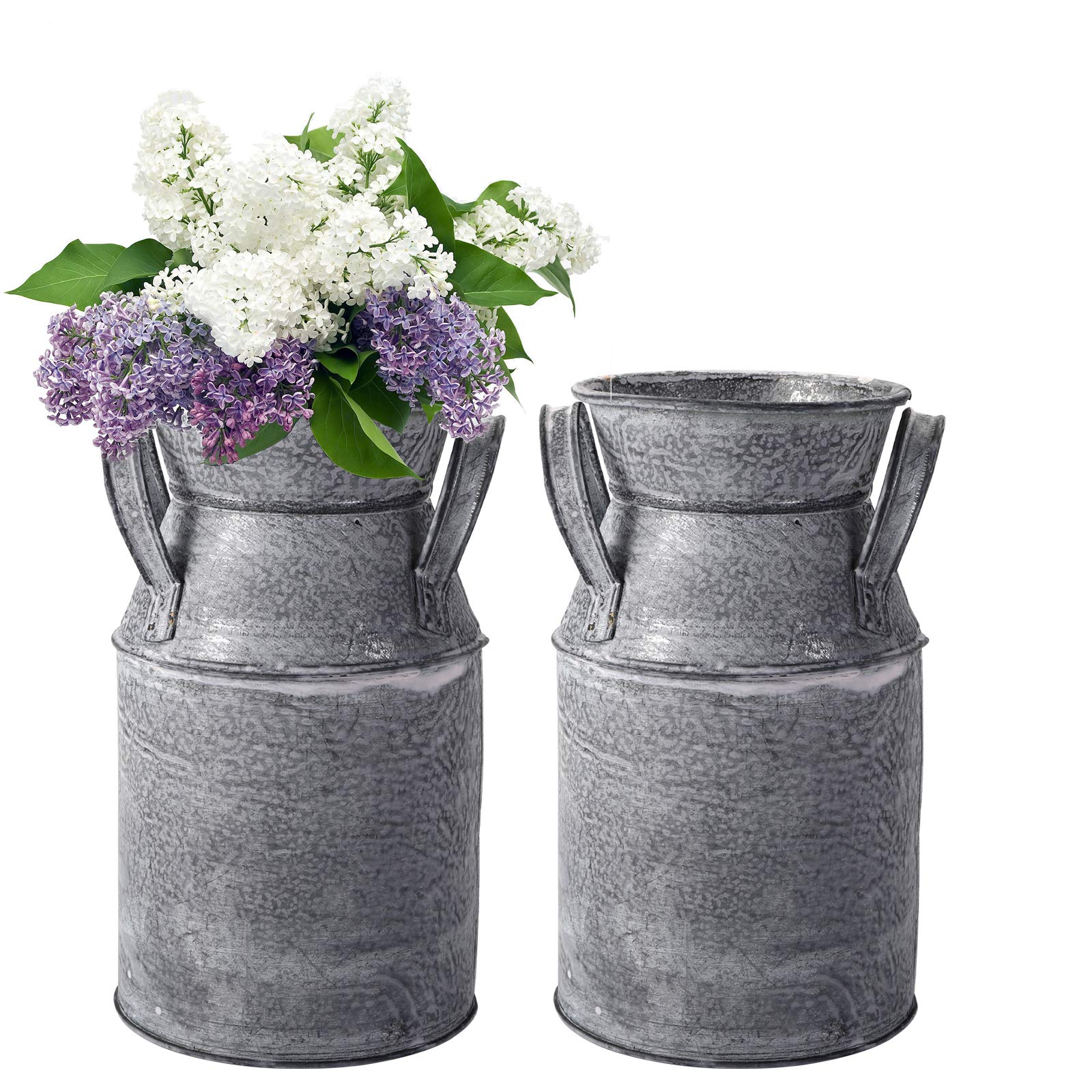 TOPZEA 2 Pack Shabby Chic Milk Can Vase, Galvanized Finish Milk Can Vase Rustic Milk Jug Metal Flower Vase Petite Milk Bucket fo