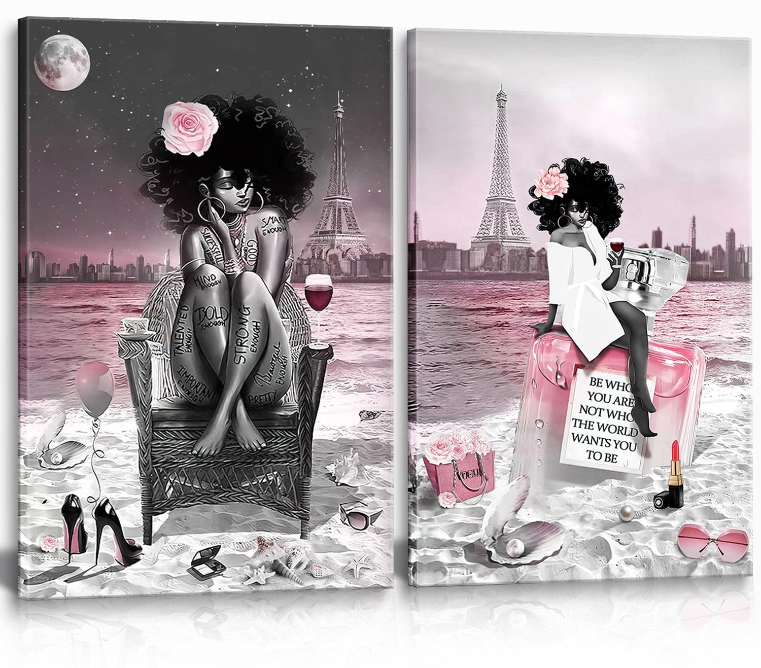2 Pieces African American Black Girl Wall Art Decor Fashion Modern Pink And Black Beach Paris Eiffel Tower Drawing Painting Pict