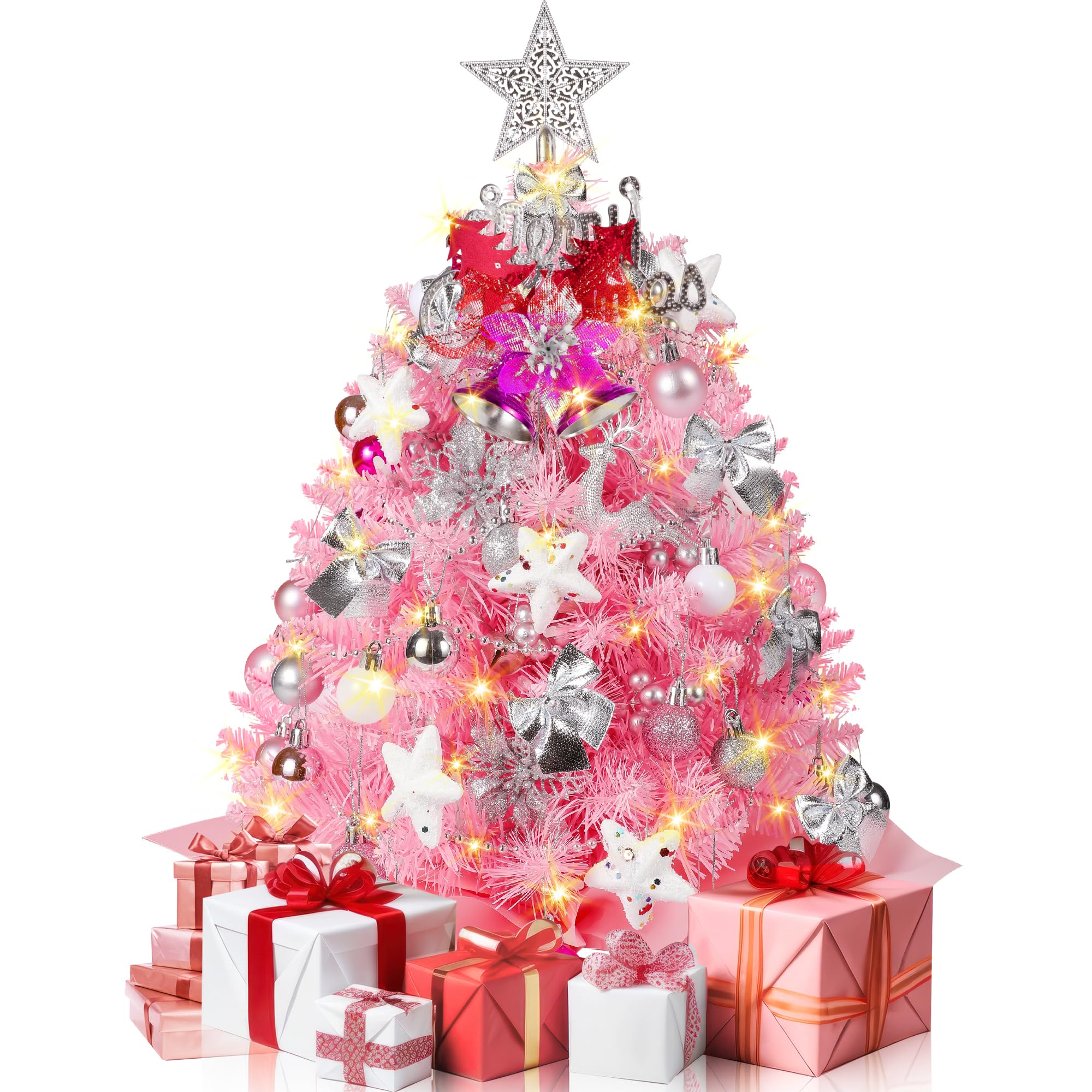 Pink Christmas Tree, 2FT Mini Artificial Christmas Trees, 100 Lifelike Branches, 60 Twinkle LED Lights, 70 Ornaments, 24 Inches 