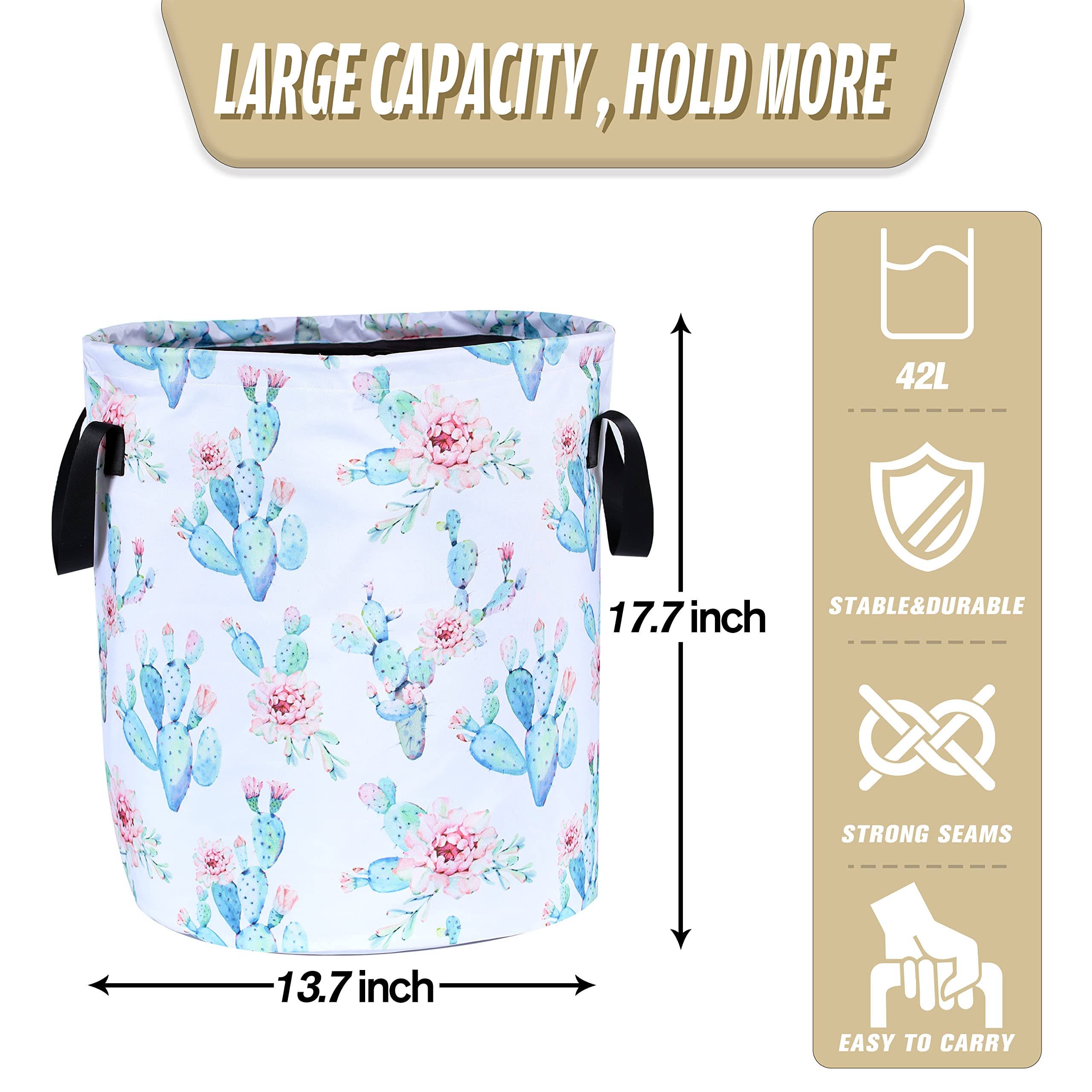 Cactus Flowers Laundry Basket Pink Floral Foldable Waterproof Oxford Cloth Funny Tote Bag Laundry Hamper Clothes Storage Bucket