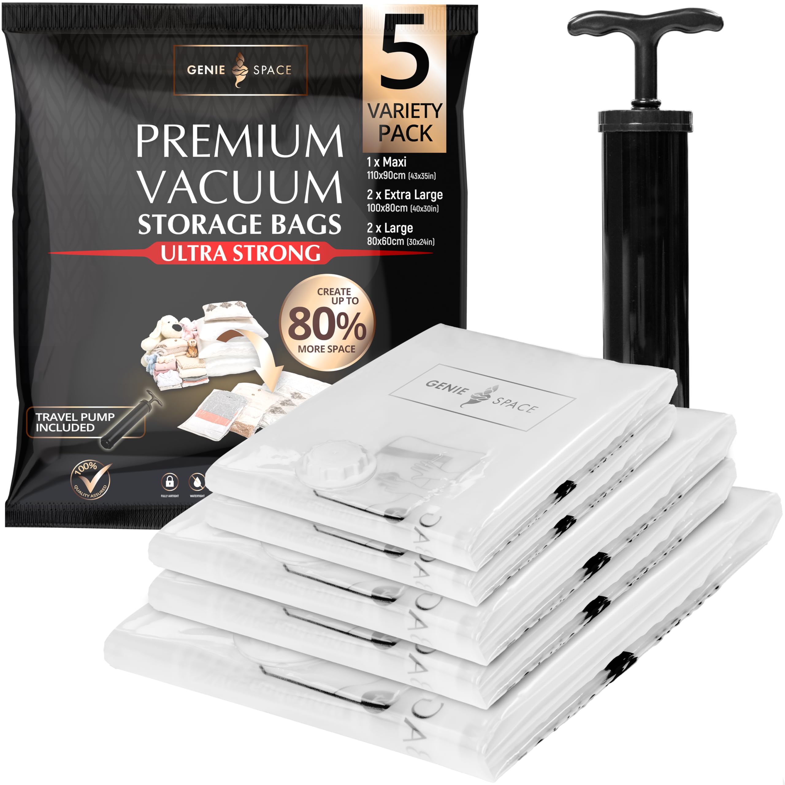 Genie Space - Incredibly Strong Premium Space Saving Vacuum Bags Storage | Variety 5 Pack (1Mx+2Xl+2L) | Airtight & Reusable | C