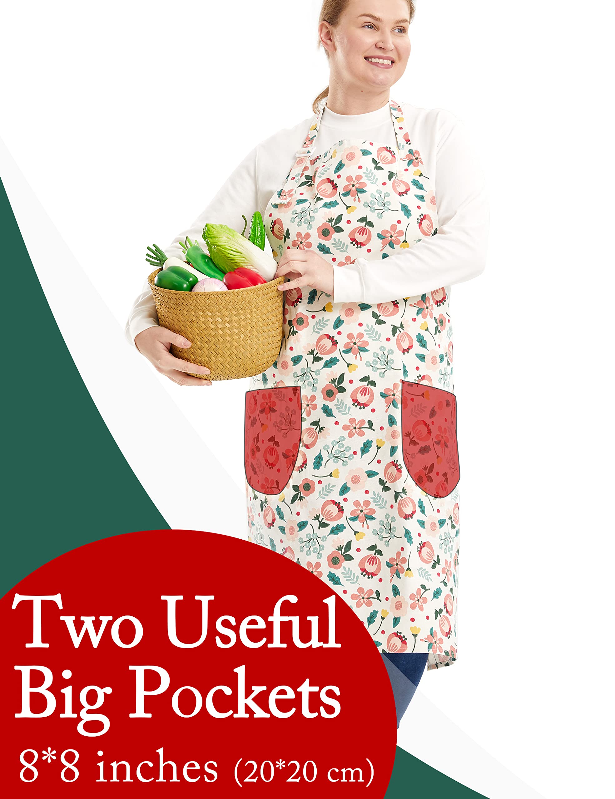 Apronner Cotton Linen Baking Plus Size Aprons For Women With Pockets Kitchen Cooking Pink Flower