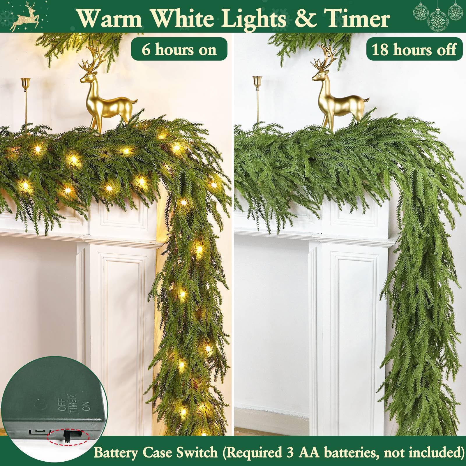 Prelit & Timer - 9 Ft by 10 Inch Christmas Garland with Lights, Real Touch Norfolk Pine Garland 180 Branches Tips Cedar Garlands