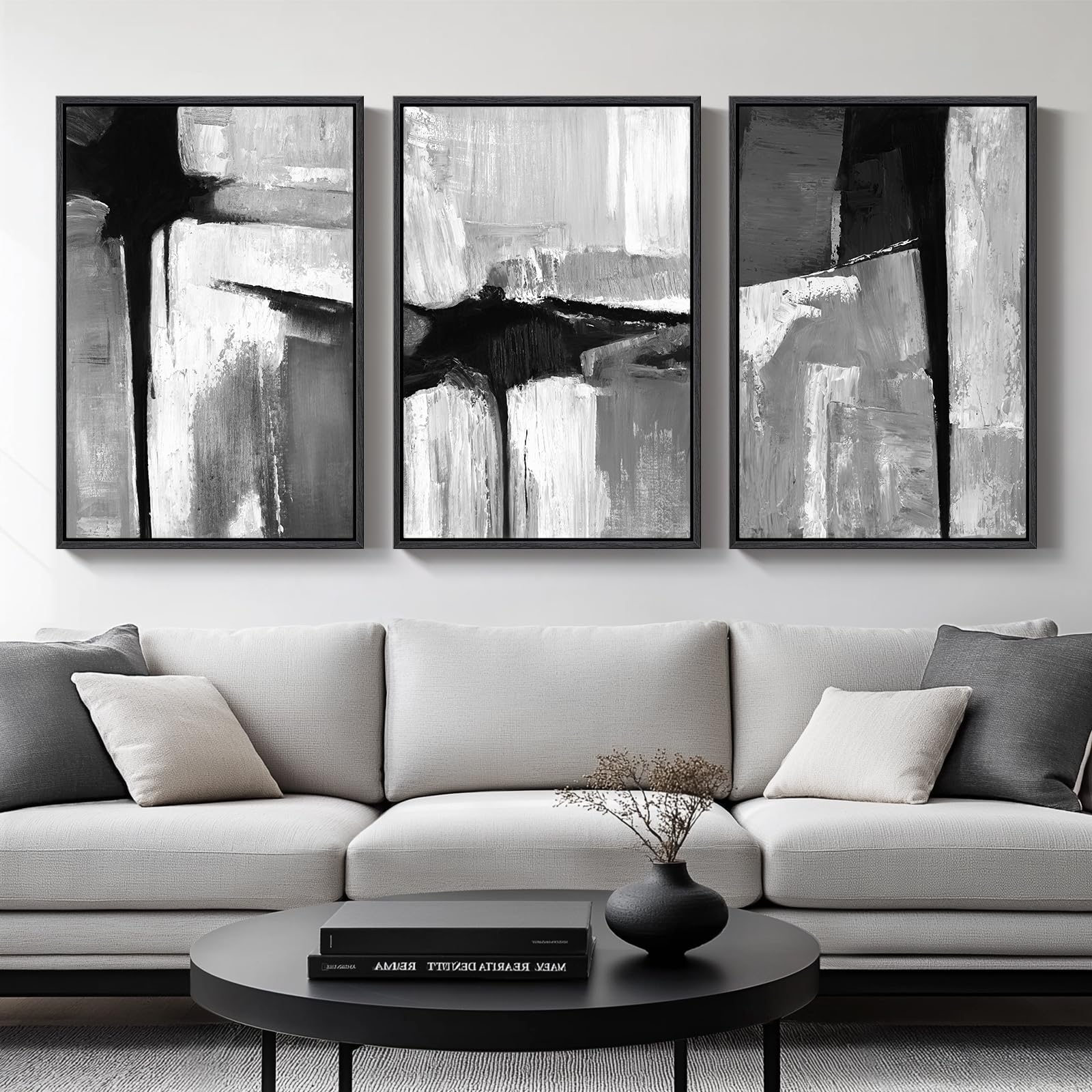 Large Framed Black And White Gray Abstract Wall Art For Living Room, 3 Piece Modern Canvas Prints Paintings Artwork For Walls, G