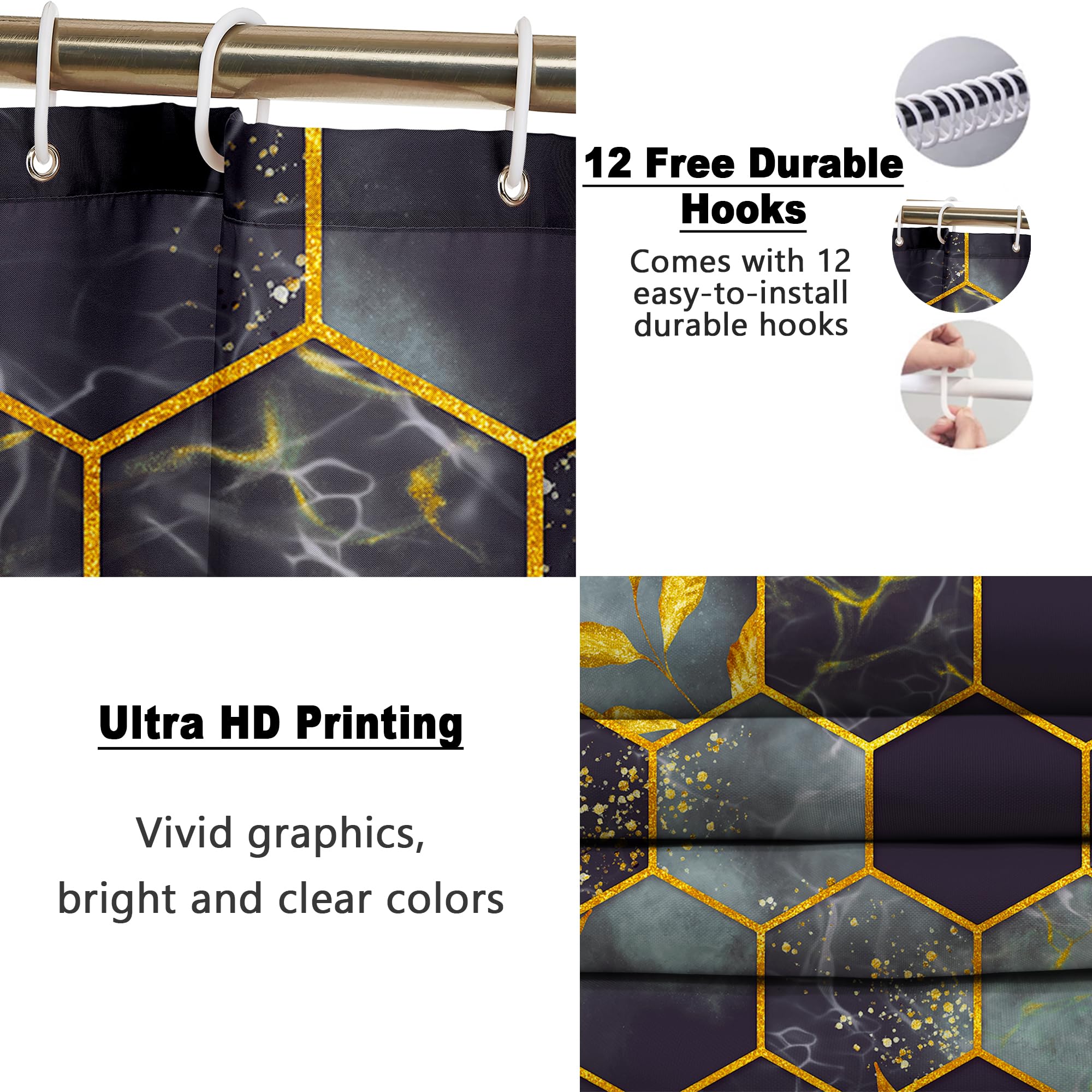 Poedist 4 Pcs Bathroom Shower Curtain Set,Bathroom Sets With Rugs(Bath Mat,U Shape And Toilet Lid Cover Mat) And 12 Hooks,Honeyc