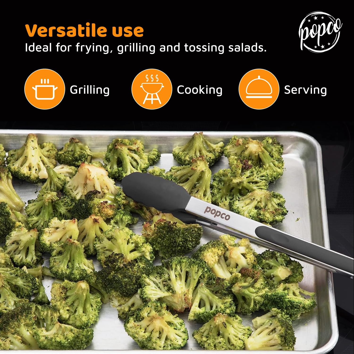 Popco Silicone Tongs for Cooking Grilling (3 food tongs x 7/9/12'') Heavy Duty Stainless Steel BBQ Tongs for Grilling  Cooking Tongs  Kitchen Tongs with Silicone Tips  Salad Tongs  Rubber Tongs Buffet