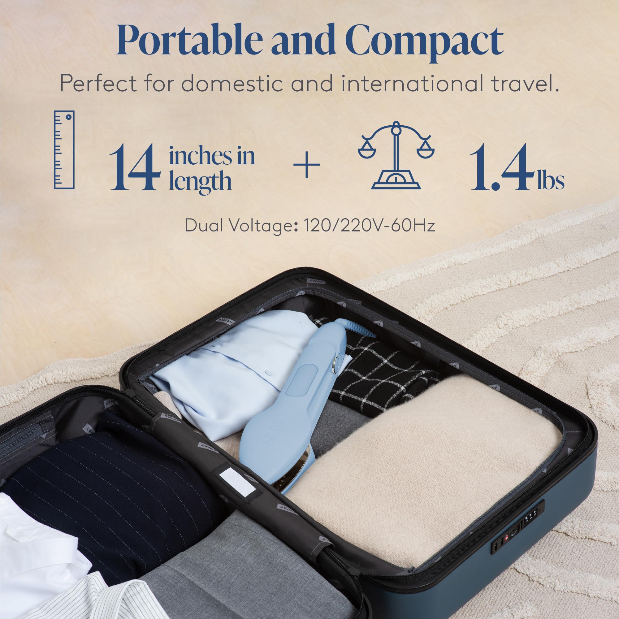 NORI Nori Press Travel Steam Iron - Handheld, 6 Fabric Settings, Blue, Model NPG2, Compact Size 17.5 x 5.65 x 3.15"