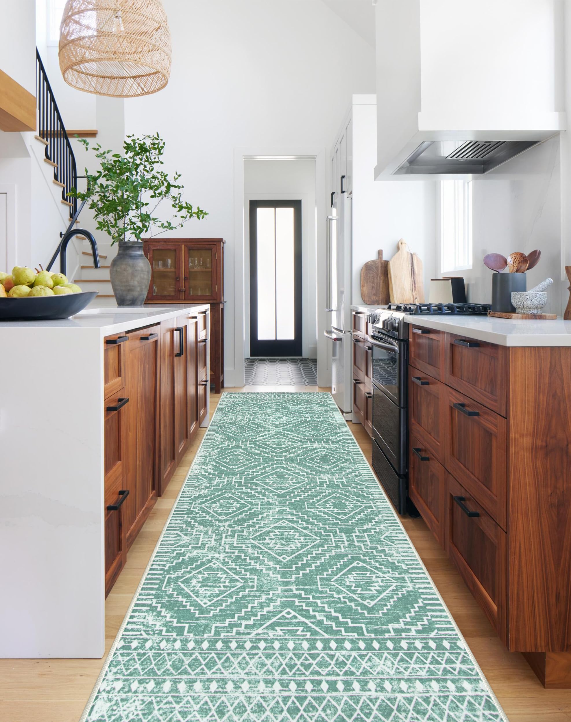 Wonnitar Moroccan Kitchen Runner Rug Washable Non-Slip, 2'6x10' Mint Green Hallway Rugs, Boho Long Runner Rug for Entryway, Low