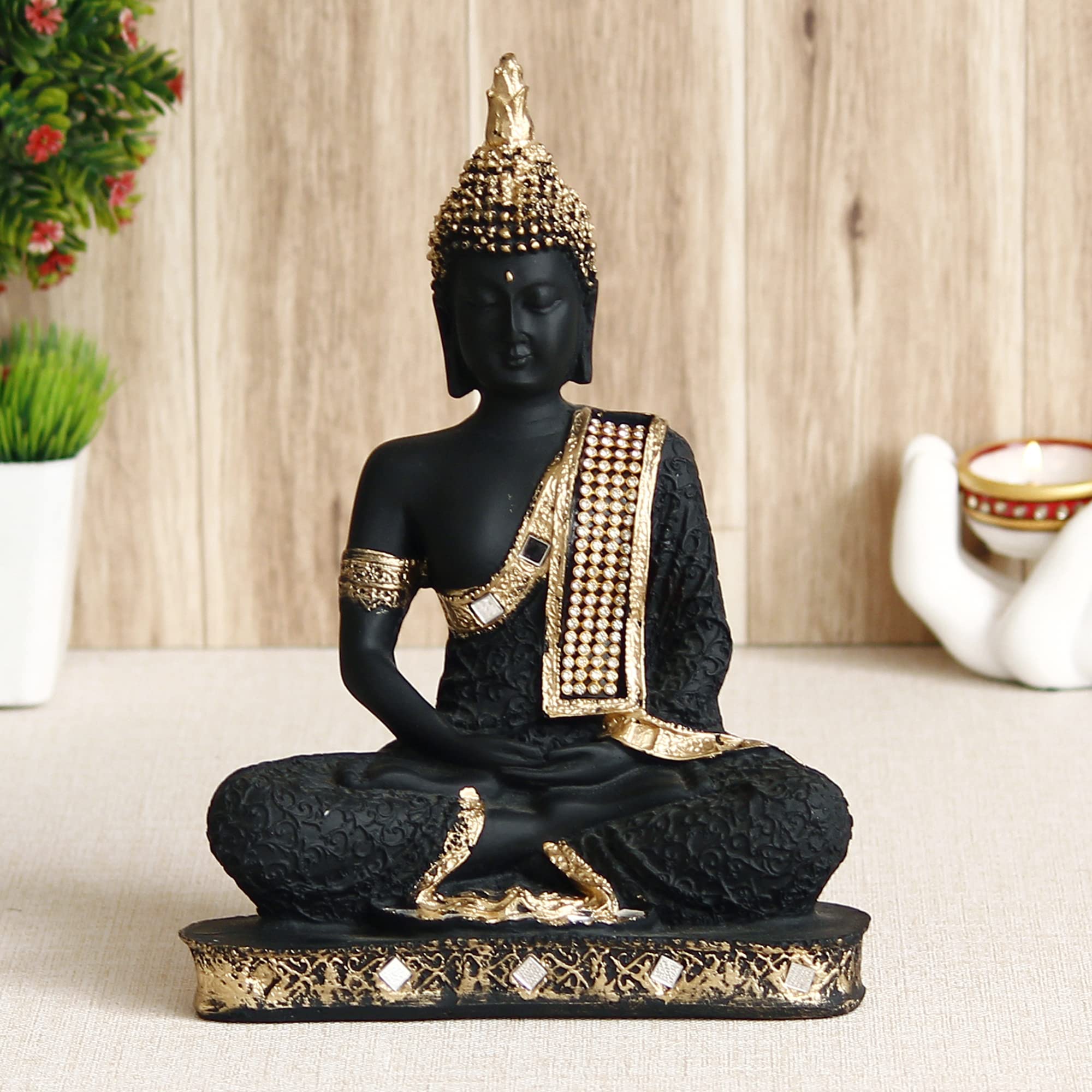Ecraftindia Golden Black Resin Handcrafted Meditating Lord Buddha Idol For Home Decor - Gautam Buddha Statue For Living Room Off