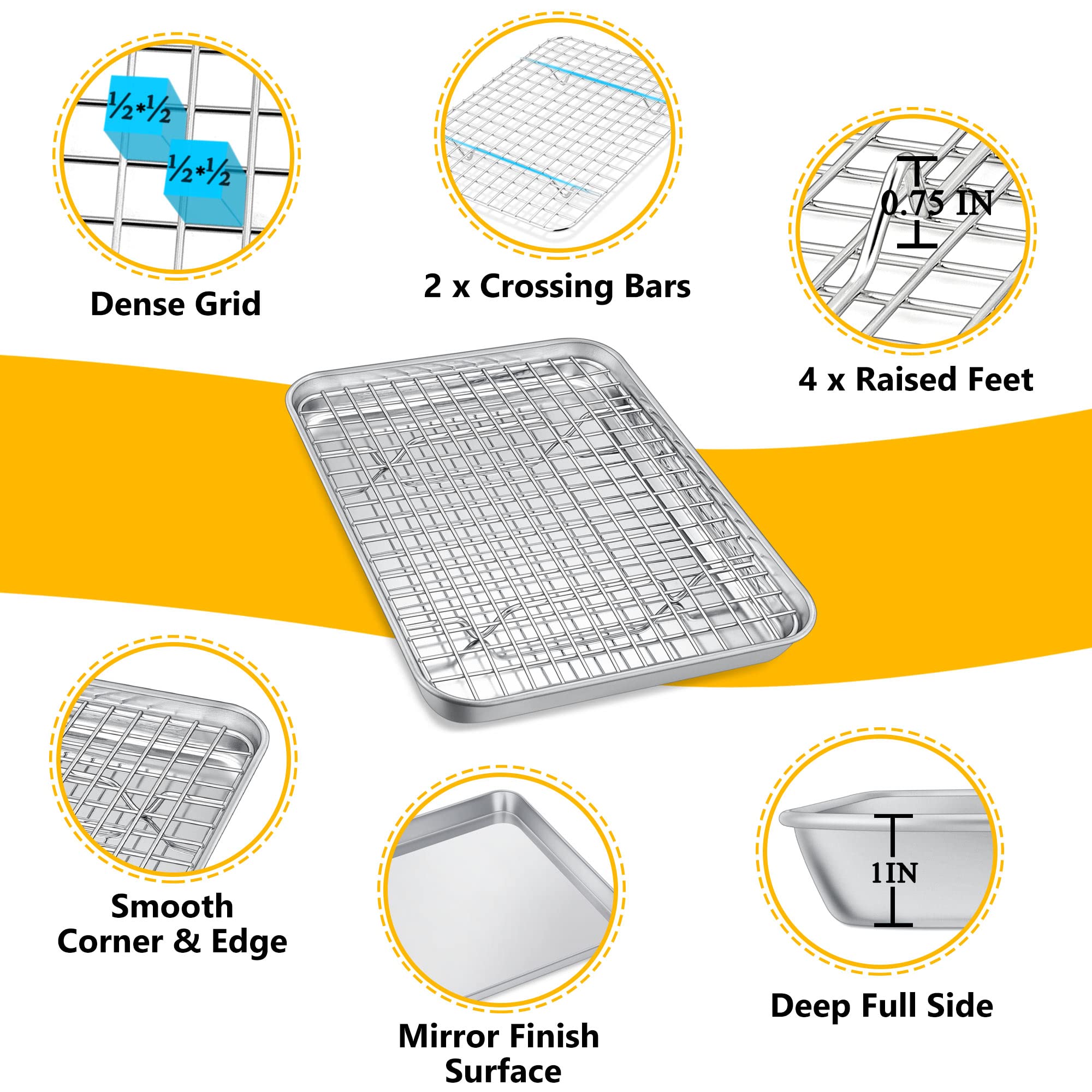 9 Inch Mini Toaster Oven Pan With Rack Set, P&P Chef Stainless Steel Small Baking Pan Tray And Grid Cooling Rack For Cooking/Roa