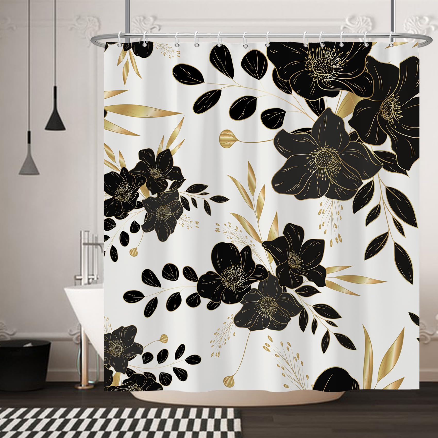 Yanutan Black Flower Shower Curtain, Black Dark Floral Gold Leaves Shower Curtain Set For Bathroom, Natural Plants Fabric Bath C
