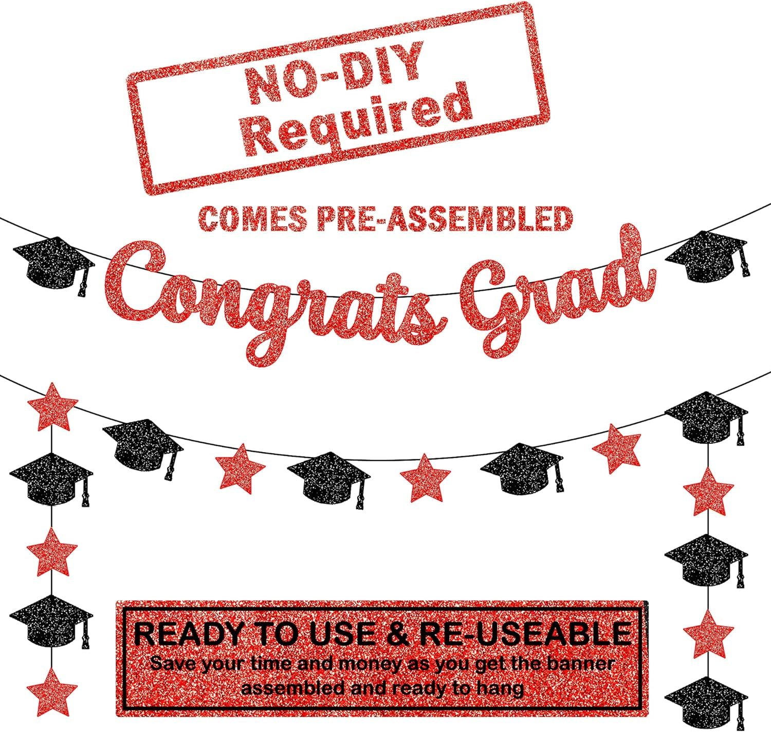 Katchon, Glitter Congrats Grad Banner Red And Black - 10 Feet | Black And Red Graduation Banner, Grad Cap Garland For Graduation