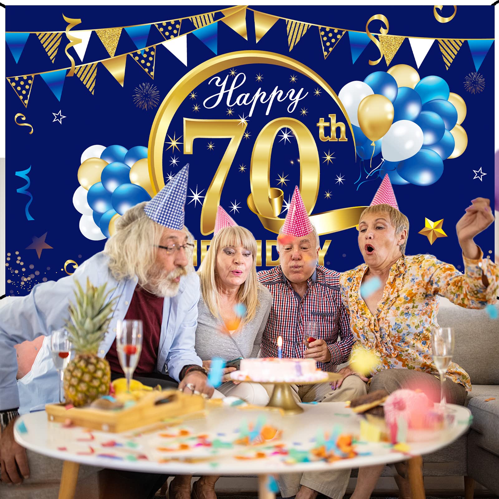 Happy 70Th Birthday Banner Decorations For Men, Blue Gold 70 Birthday Backdrop Party Supplies, 70 Year Old Birthday Photo Backgr