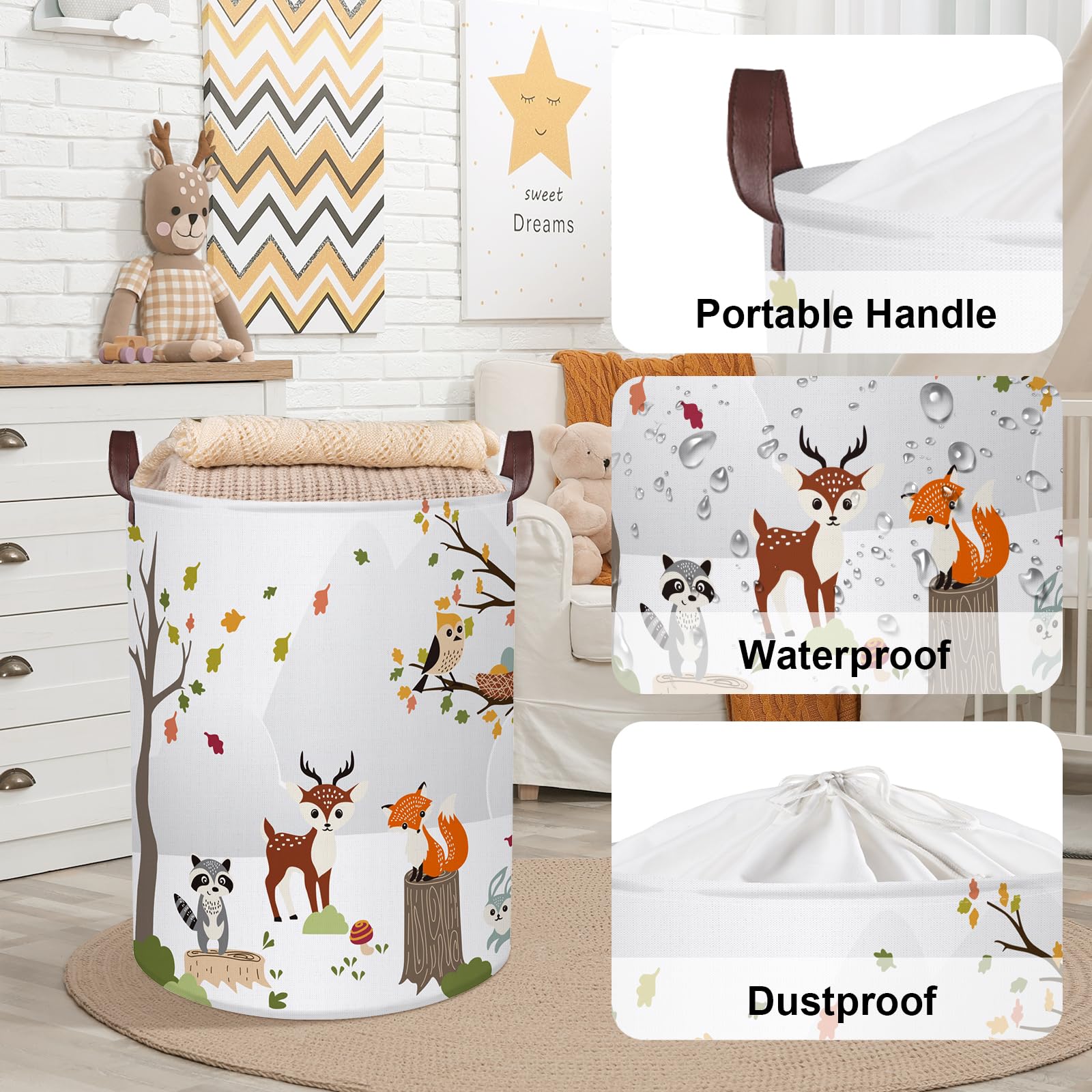 Clastyle 45L Woodland Animals Laundry Basket Collapsible Waterproof Forest Fox Storage Basket With Handle Kids Room Jungle Deer