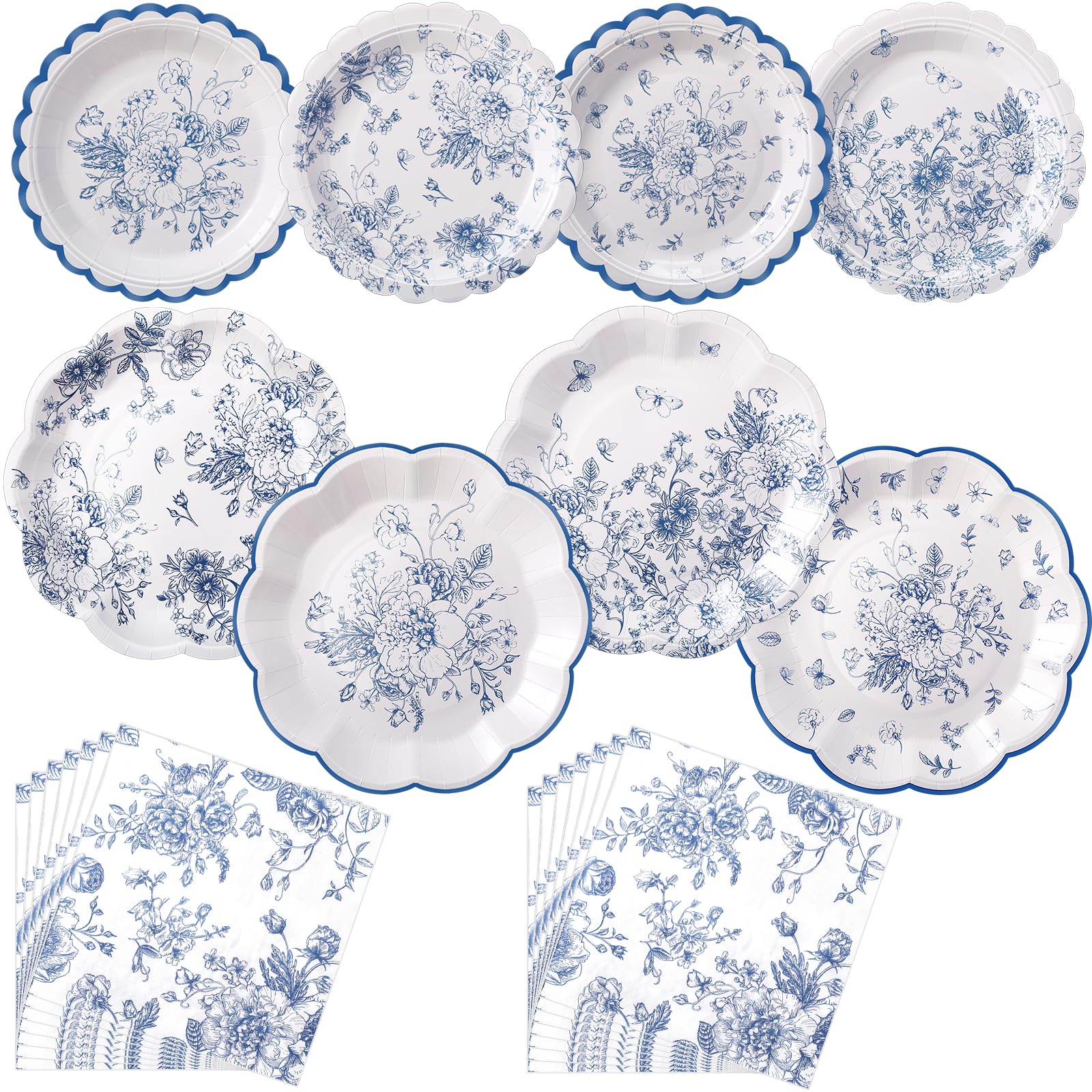 Skybooly 144 Pcs 48 Guests Blue Floral Plates and Napkins Party Supplies White and Blue Toile Paper Plates Napkins Chinoiserie D