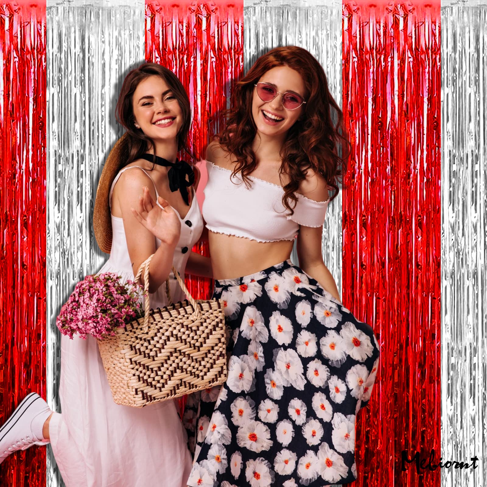 4 Pack 3.2Ft X 6.6Ft Red And Silver Fringe Curtain Backdrop, Metallic Tinsel Foil Fringe Streamers Curtains Background For Photo